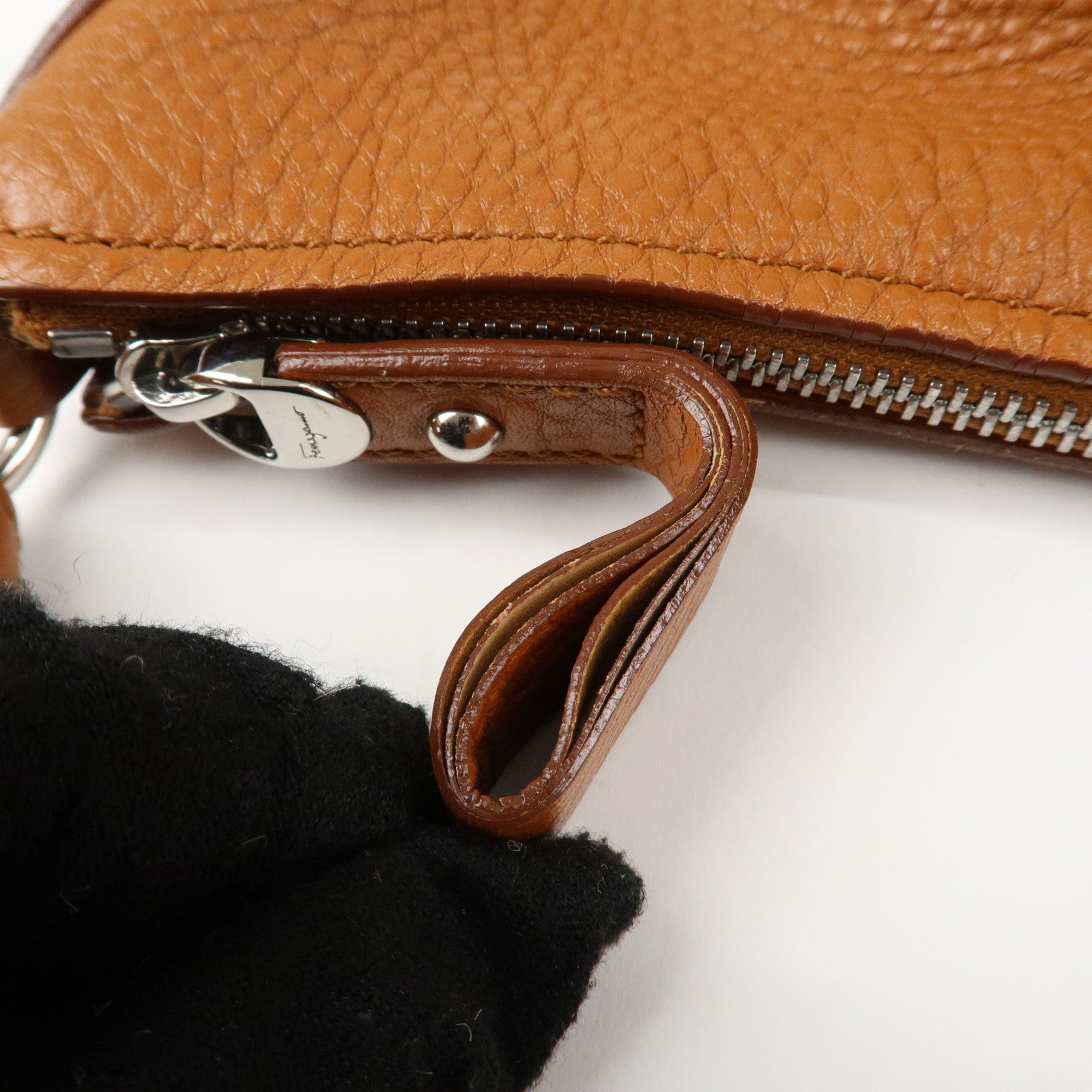 Ferragamo Gancini Leather Shoulder Bag Brown Silver Hardware Used