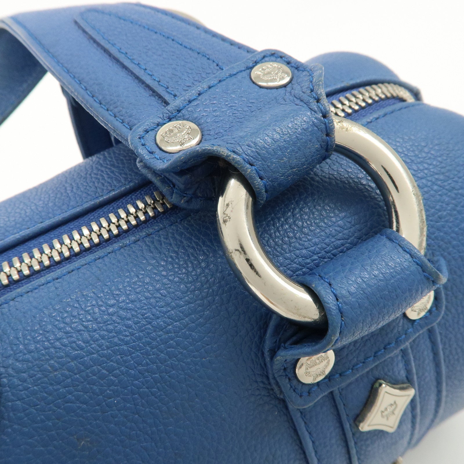 MCM Logo Leather Hand Bag Silver Studs Blue