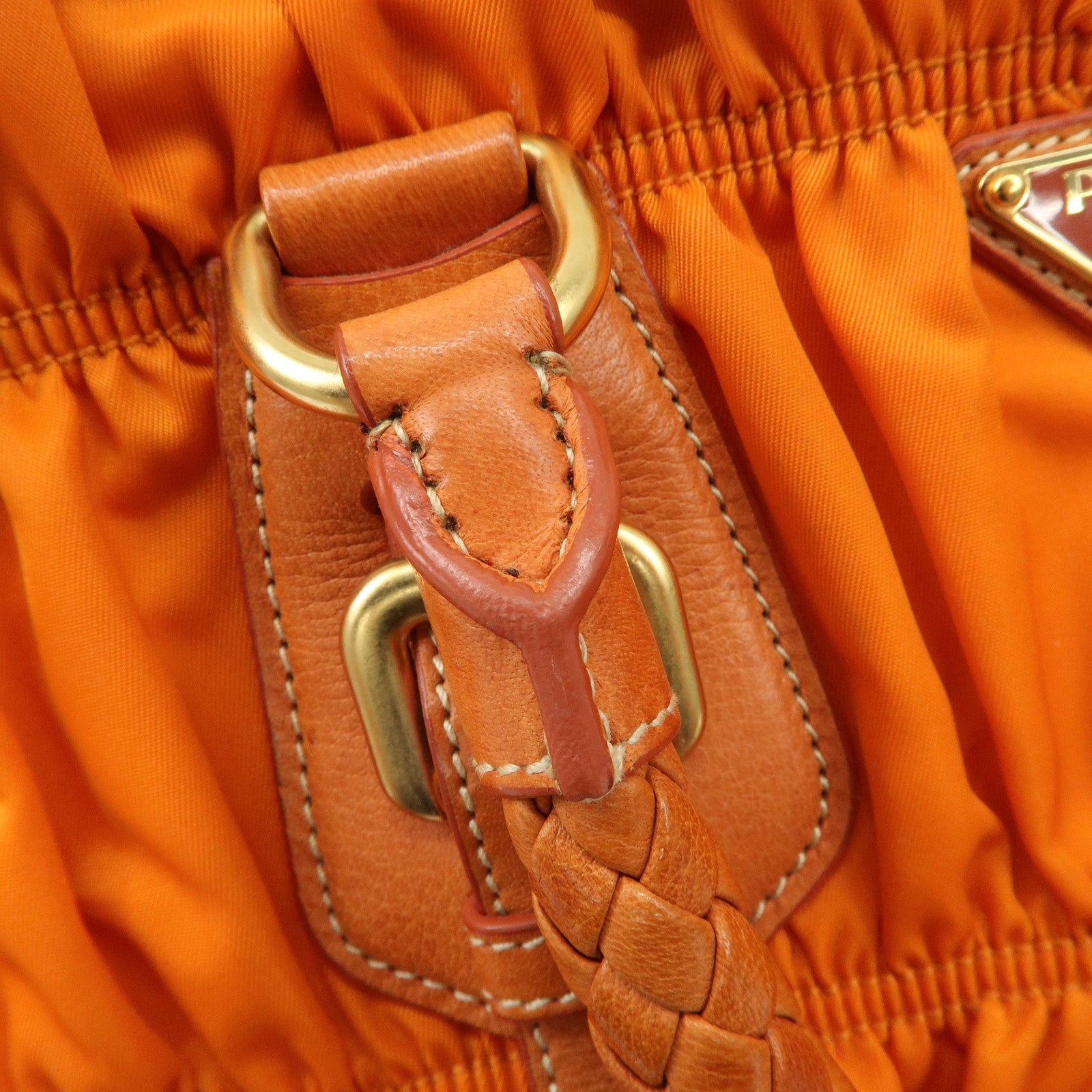 PRADA Triangle Logo Nylon Leather 2Way Bag Hand Bag Orange BN1407 Used