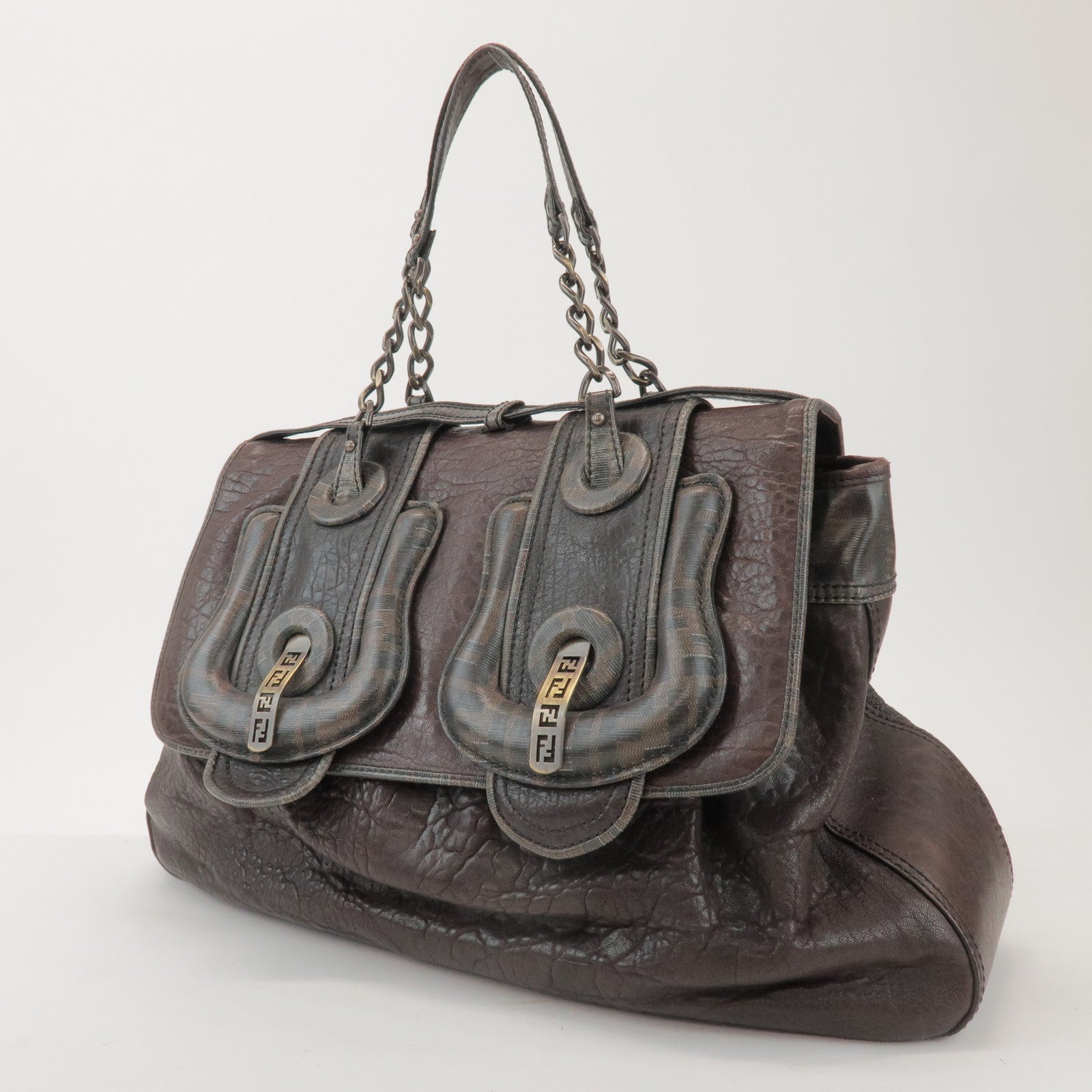 FENDI Zucca Leather PVC Coated Canvas B Bag Boston Bag Brown 8BN166