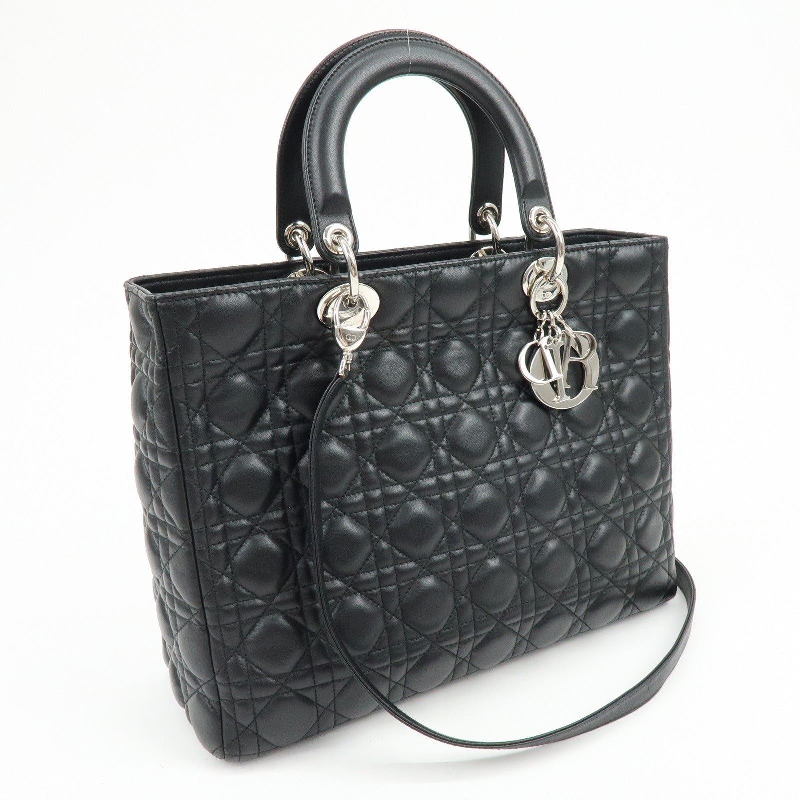Christian Dior Cannage Large Lamb Skin 2Way Bag Hand Bag Black