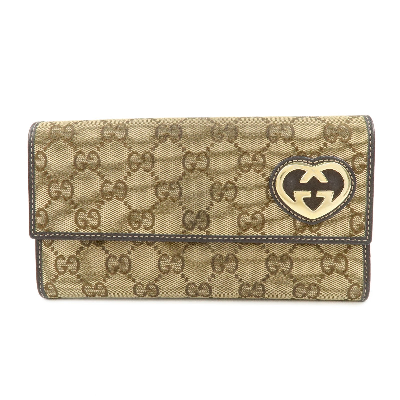 GUCCI Lovely Heart GG Canvas Leather Long Wallet Brown 251861