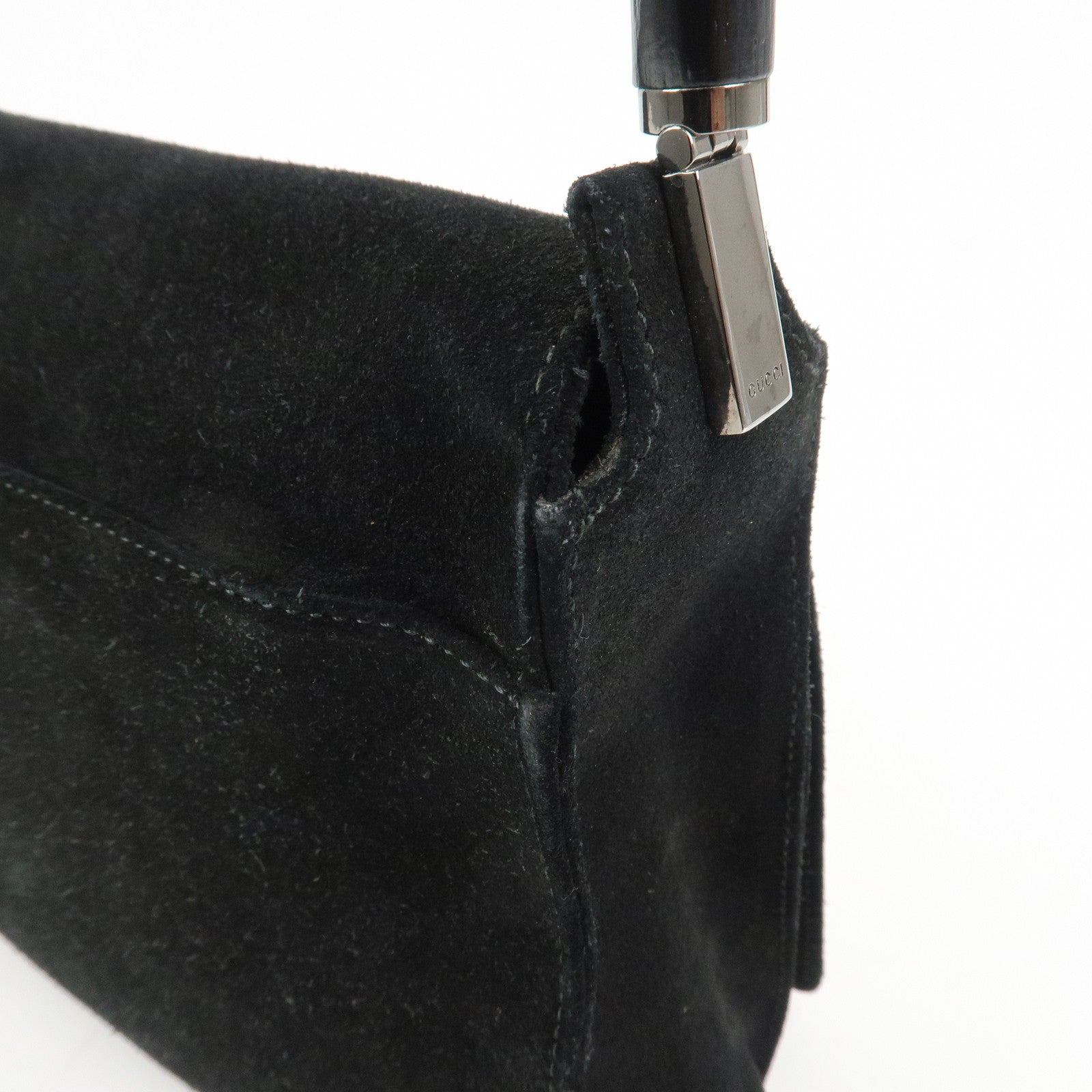 GUCCI Bamboo Suede Shoulder Bag Hand Bag Black 001・3239