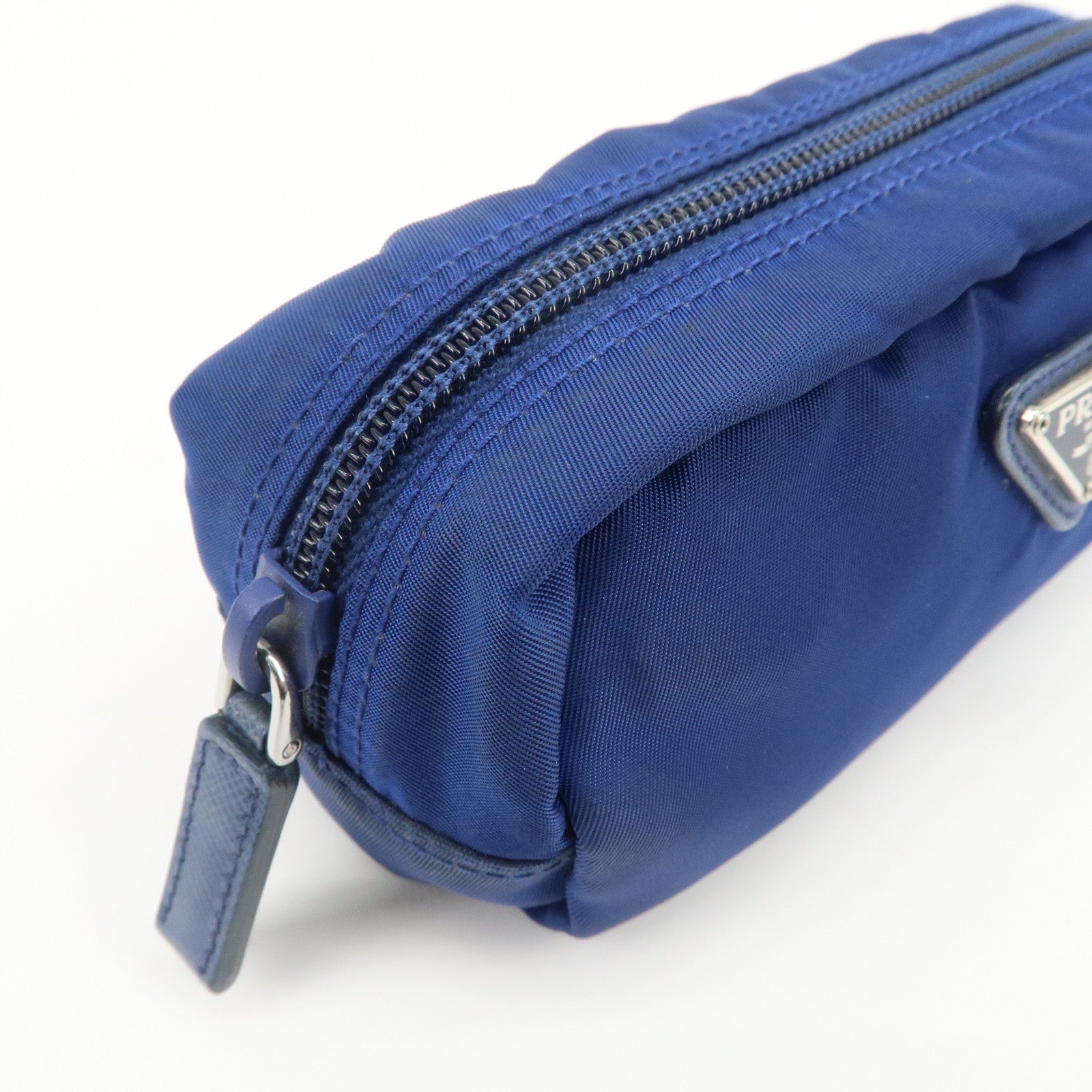 PRADA Triangle Logo Nylon Leather Cosmetic Pouch Blue 1N0175
