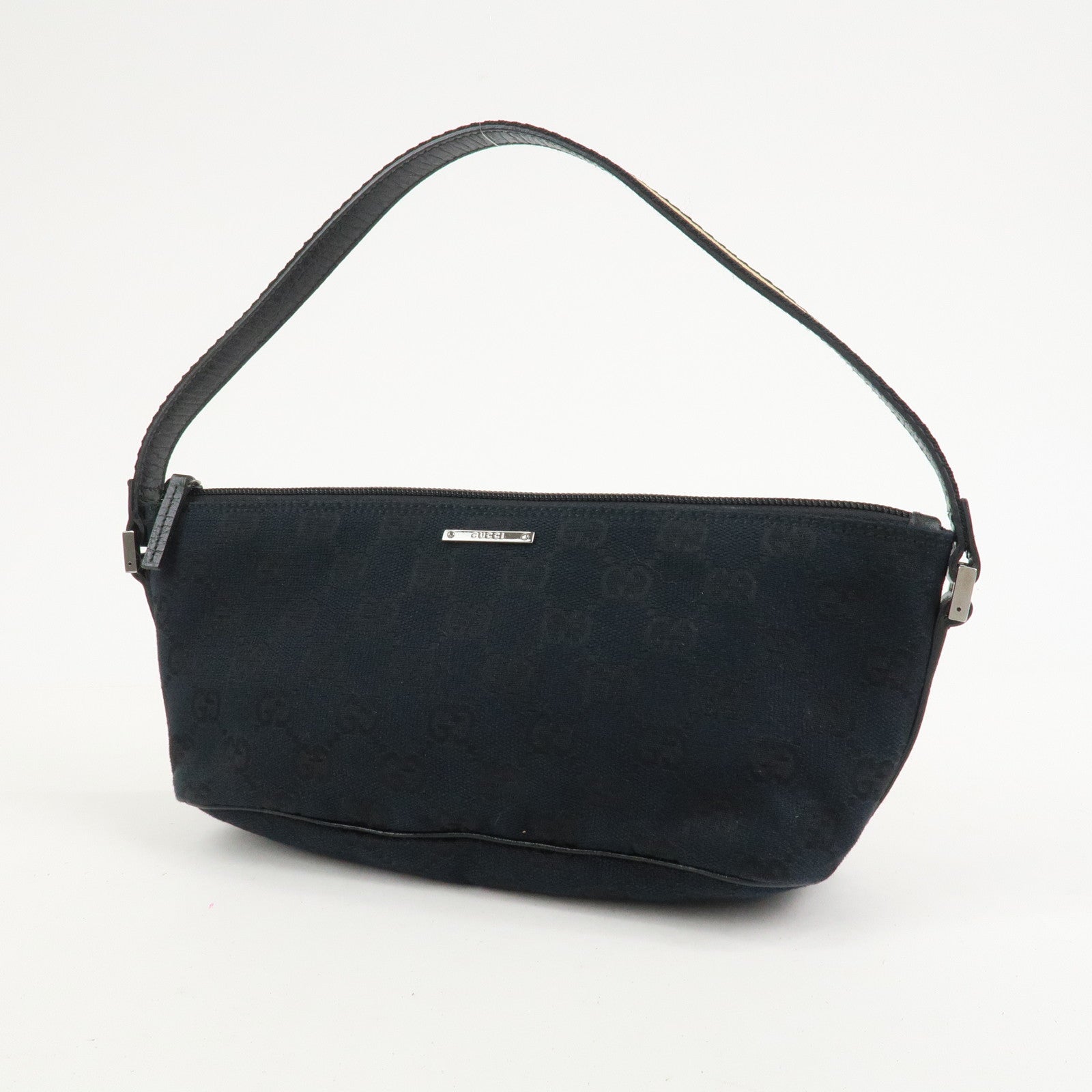 GUCCI Boat Bag Sherry GG Canvas Leather Hand Bag Black 141809