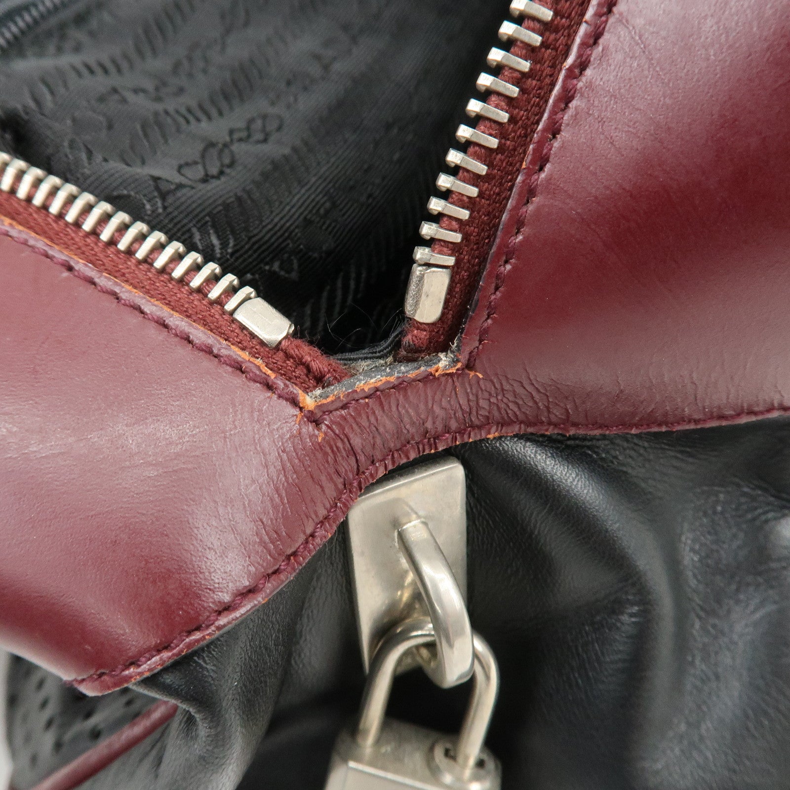 PRADA Leather Boston Bag Bowling Bag Hand Bag Black Bordeaux B10524