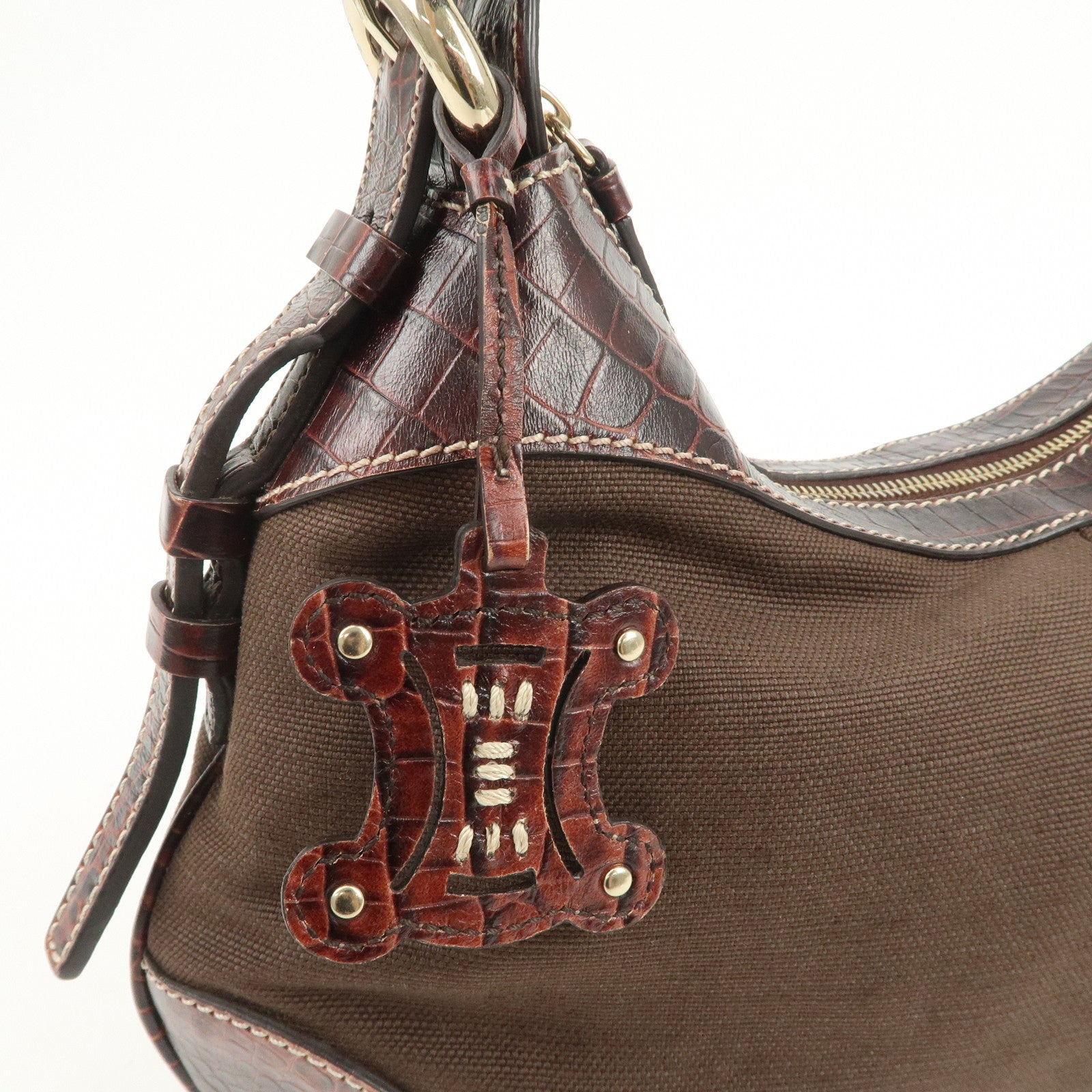 CELINE Canvas Leather Shoulder Bag Hand Bag Brown