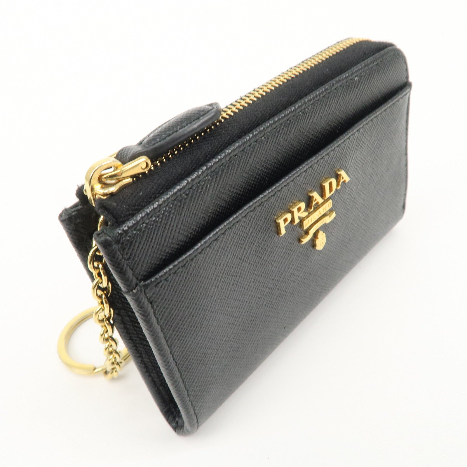 PRADA Triangle Logo Saffiano Leather Mini Wallet Key Ring Black 1PP122 Used