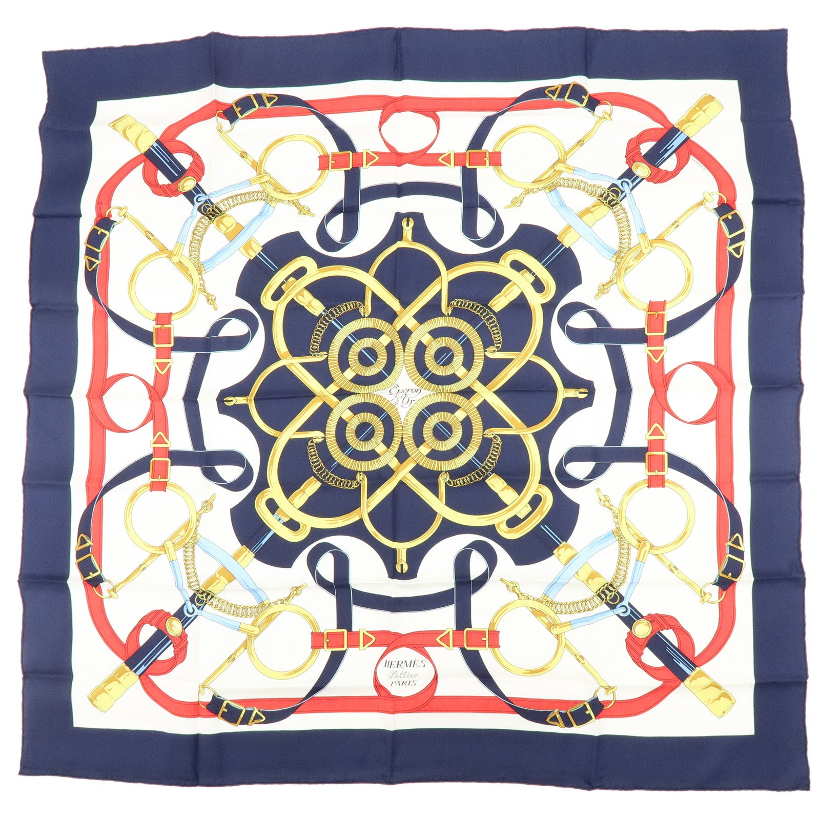 HERMES Carre 90 Silk 100% Scarf Eperon d'or Navy White Yellow Red