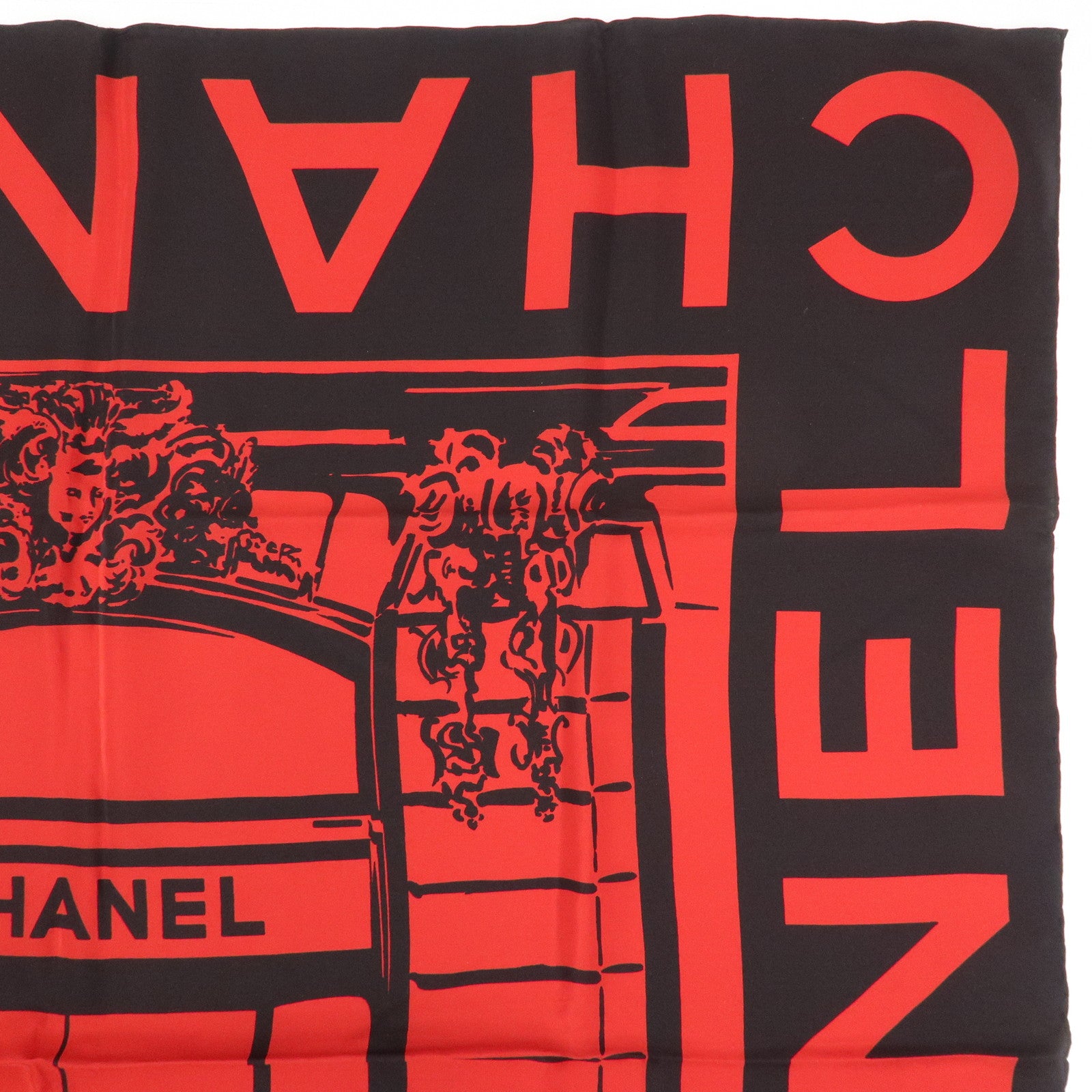 CHANEL Cambon Line Logo Silk 100% Scarf Red Black