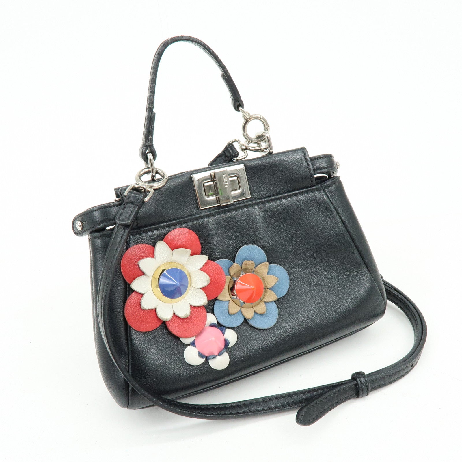 FENDI Micro Peekaboo Leather Flower Motif 2Way Shoulder Bag 8M0355