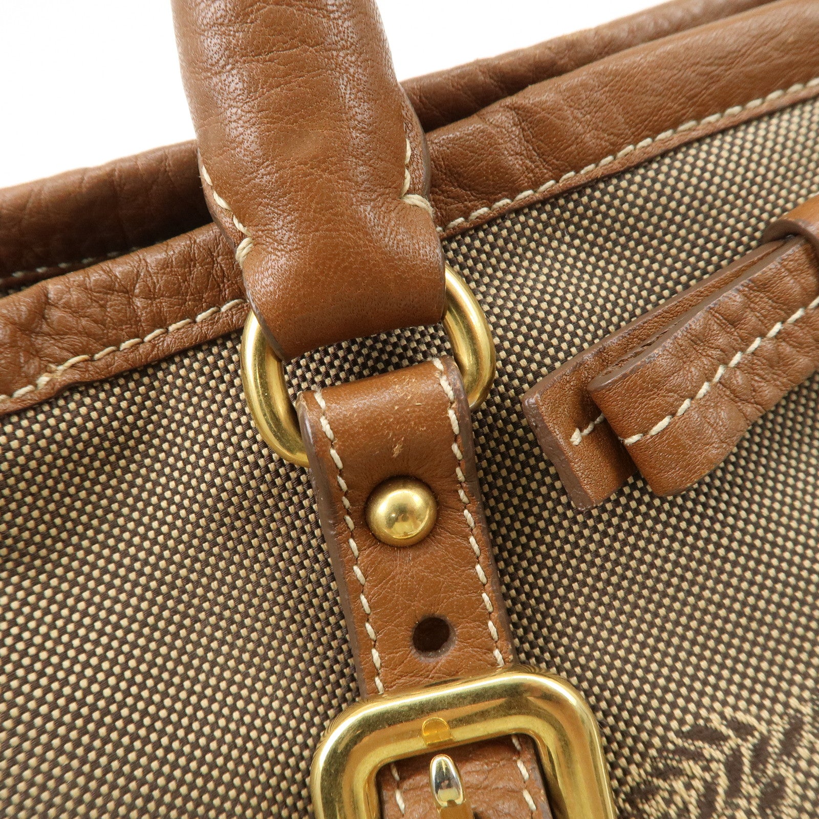 PRADA Leather Logo Jacquard Tote Bag Ribbon Beige Brown BN1841 Used