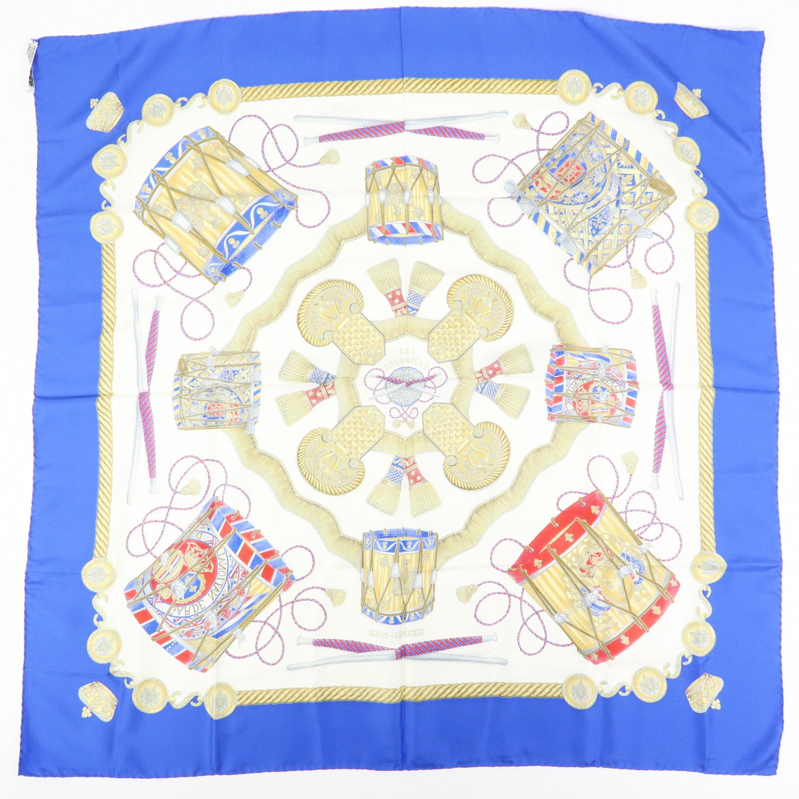 HERMES Carre 90 Silk 100% Scarf LES TAMBOURS Drum Print Navy Gold