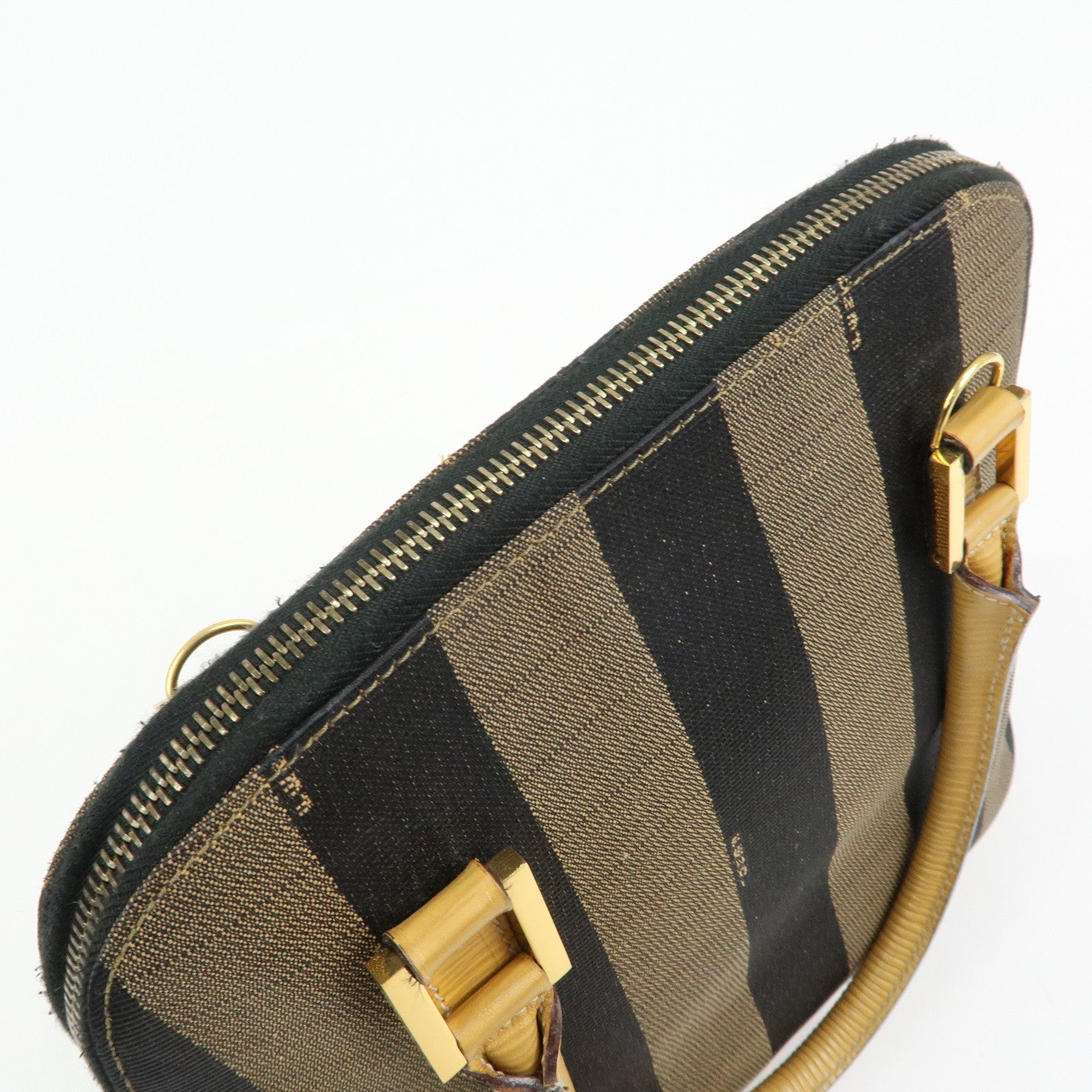 FENDI Pequin Canvas Leather 2Way Bag Hand Bag Shoulder Bag Brown