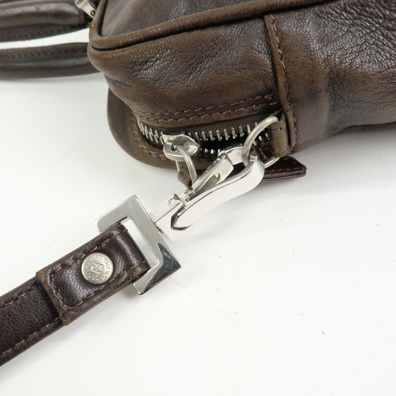 FENDI Leather 2Way Bag Hand Bag Shoulder Bag Brown