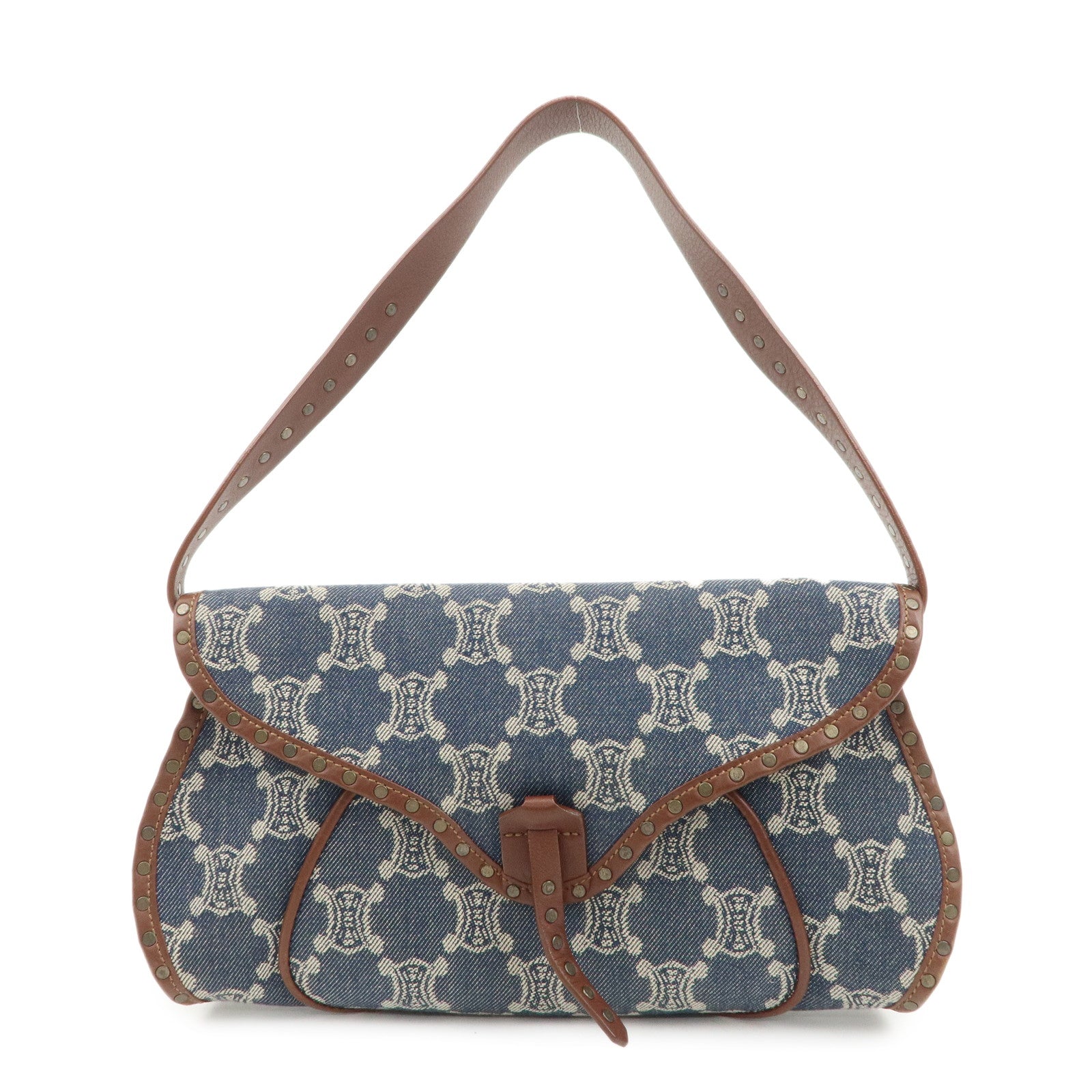 CELINE Macadam Canvas Leather Shoulder Bag Hand Bag Navy Brown