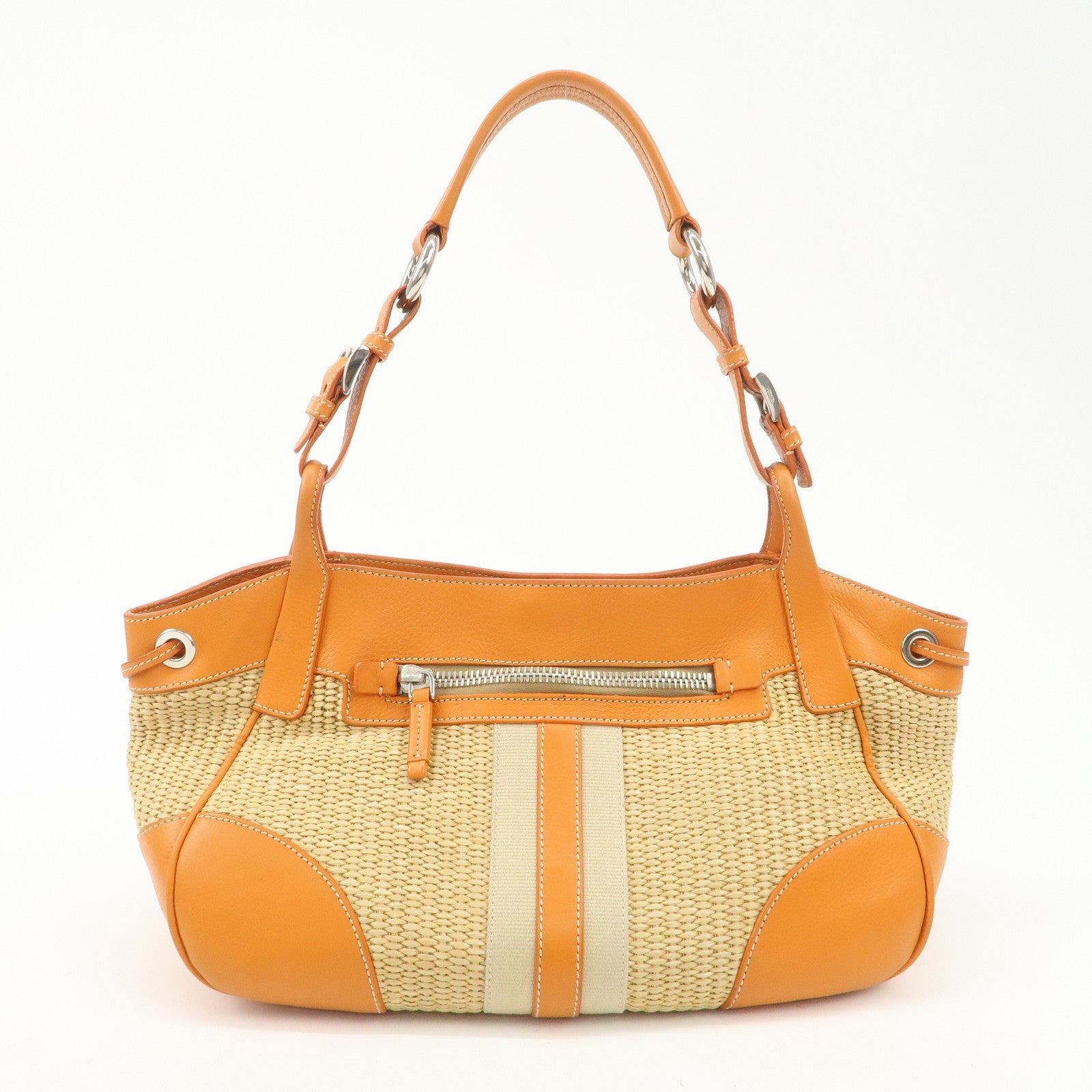 PRADA Triangle Logo Raffia Leather Shoulder Bag Beige Orange