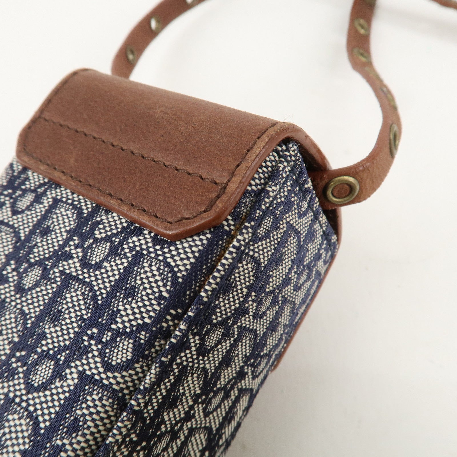 Christian Dior Trotter Canvas Leather Shoulder Bag Navy Brown Used