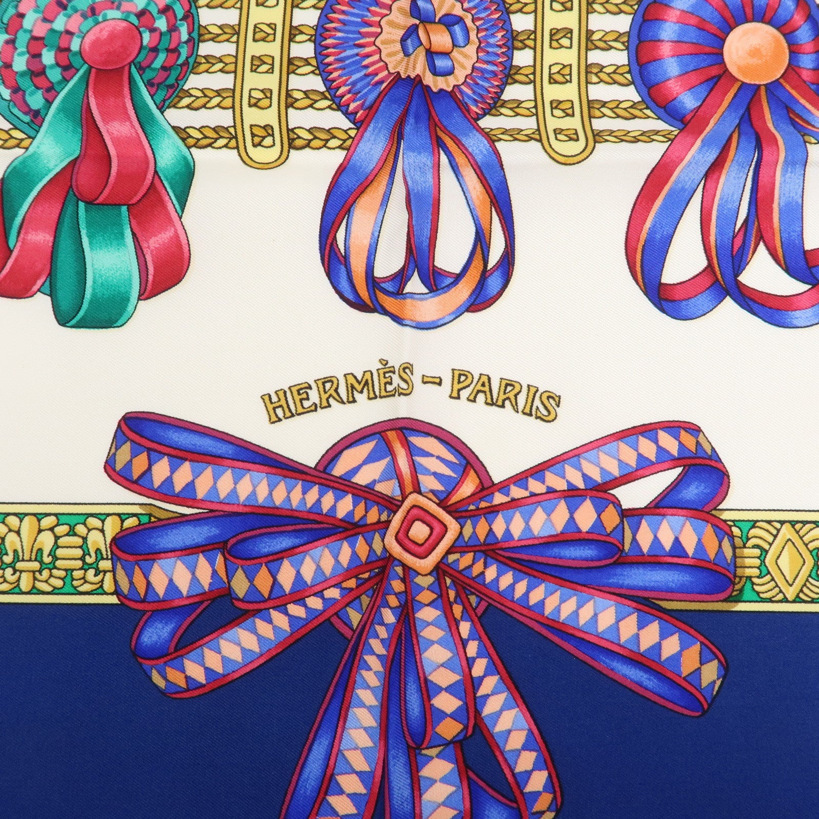 HERMES Carre 90 Silk 100% Scarf LES RUBANS DU CHEVAL Blue White