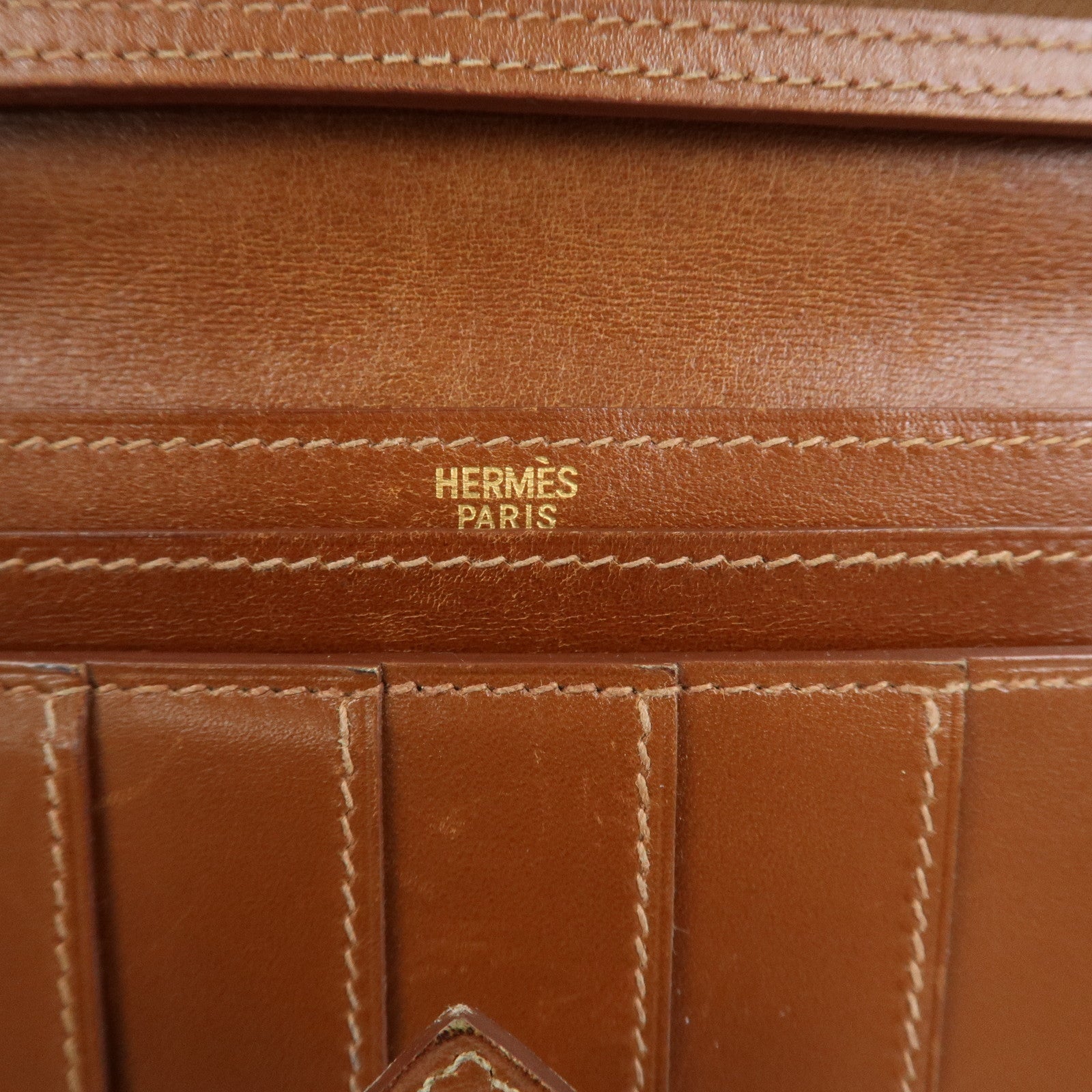 HERMES Bearn Classic Box Calf □O Stamped Bi-Fold Long Wallet Brown