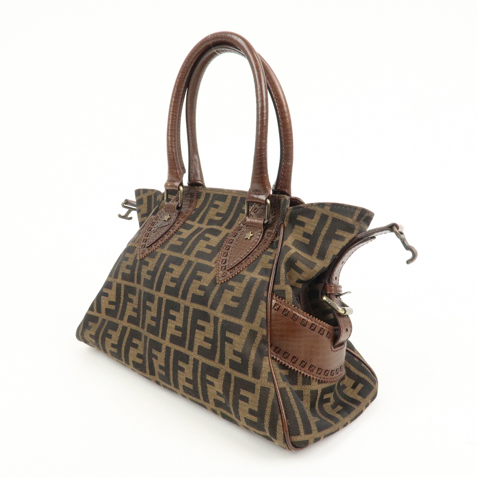 FENDI Ethnico Zucca Canvas Leather Shoulder Bag Brown 8BN157