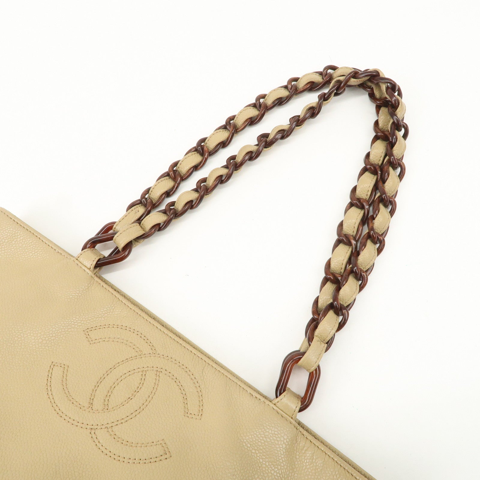 CHANEL COCO Mark Leather Chain Shoulder Bag Hand Bag Beige Used