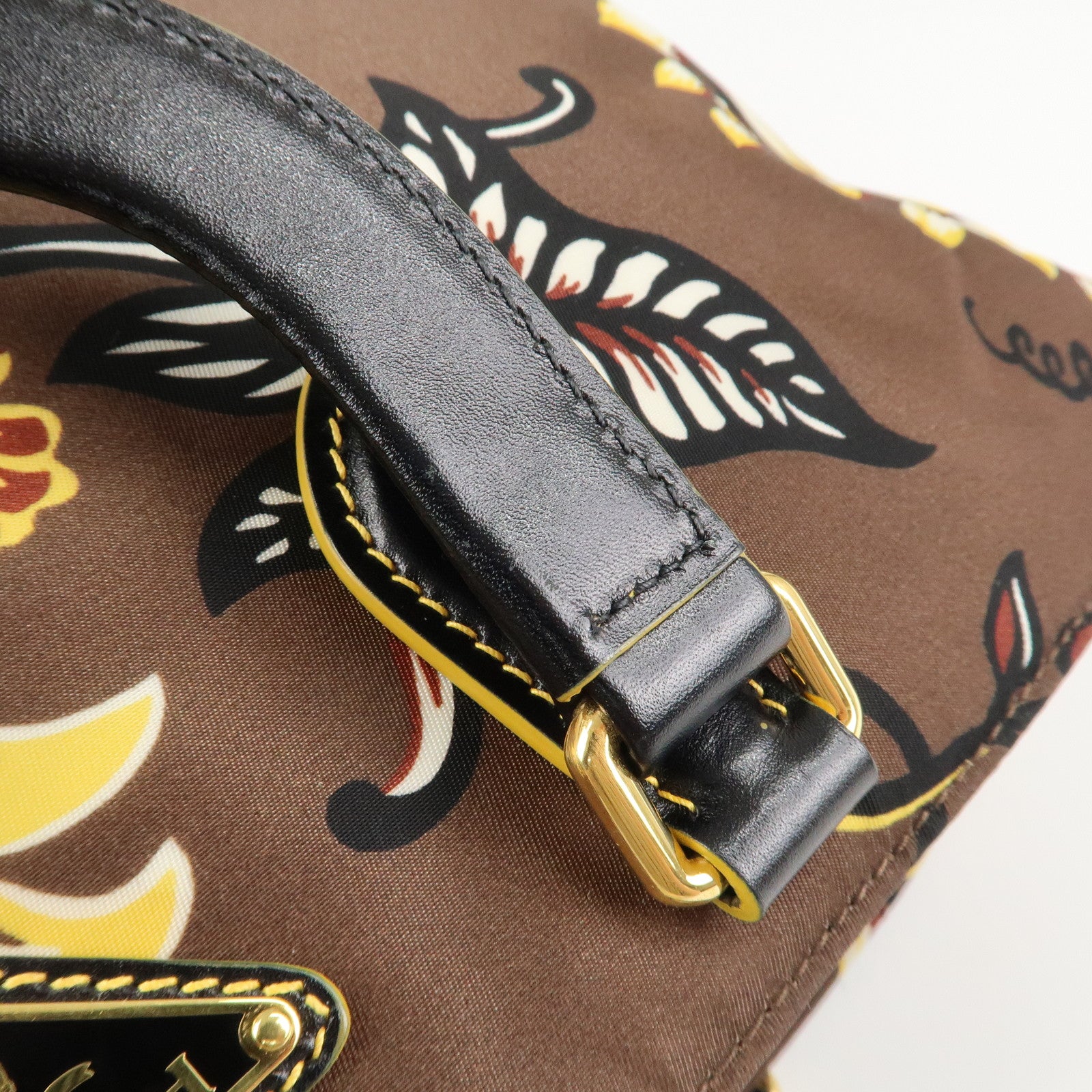 PRADA Triangle Logo Nylon Leather 2Way Bag Shoulder Bag Hand Bag Floral Print Brown Yellow BN2741 Used
