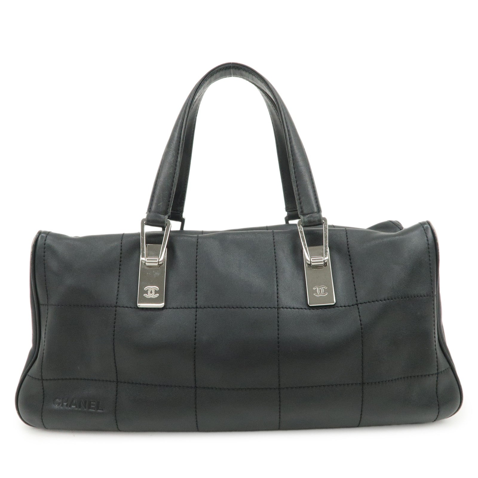 CHANEL Chocolate Bar Lamb Skin Mini Boston Bag Hand Bag Black