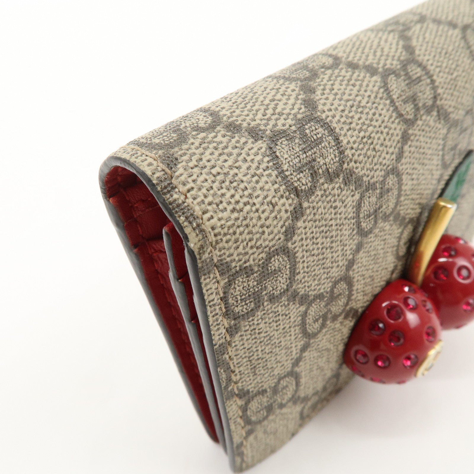 GUCCI Interlocking G GG Supreme Cherry Compact Wallet Beige Red 476050 Used