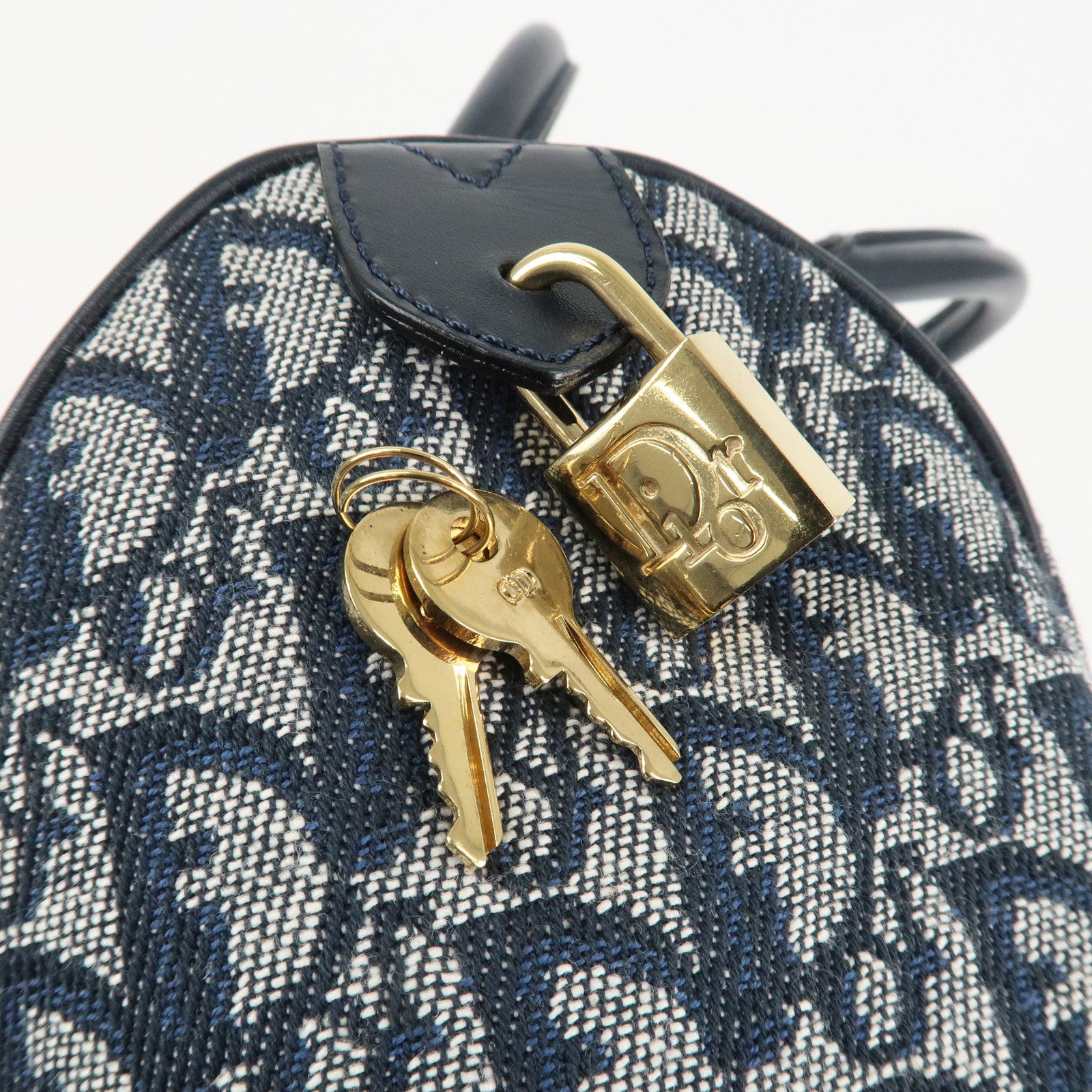 Christian Dior Trotter Leather Canvas Boston Bag Navy White Used