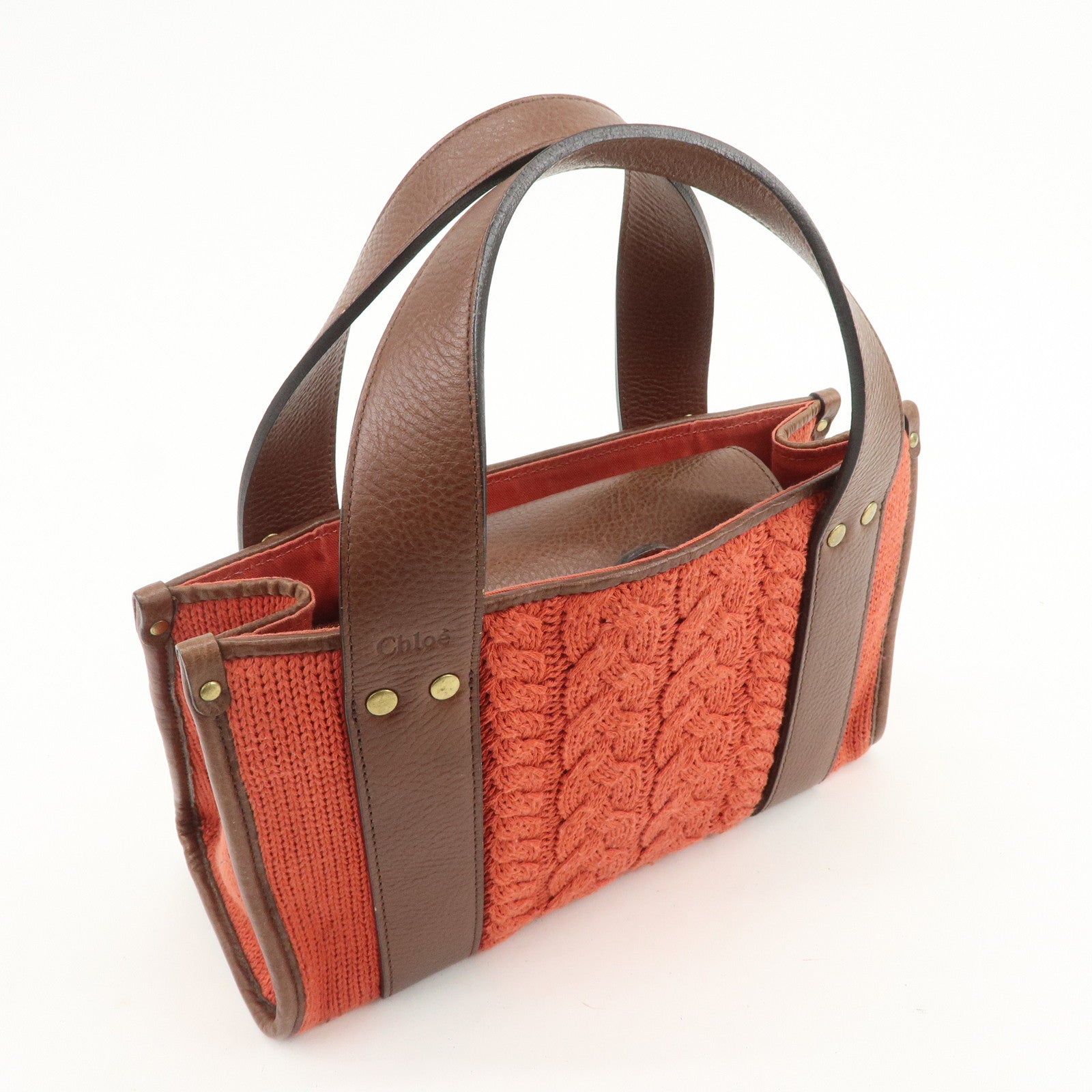 Chloe Knitted Leather Hand Bag Tote Bag Red Brown