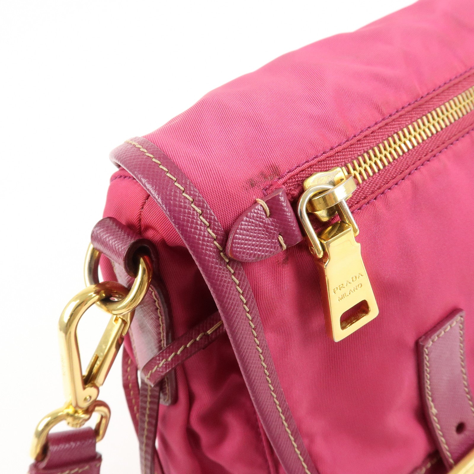 PRADA Nylon Saffiano Leather Flap Messenger Shoulder Bag Pink BT0697 Used