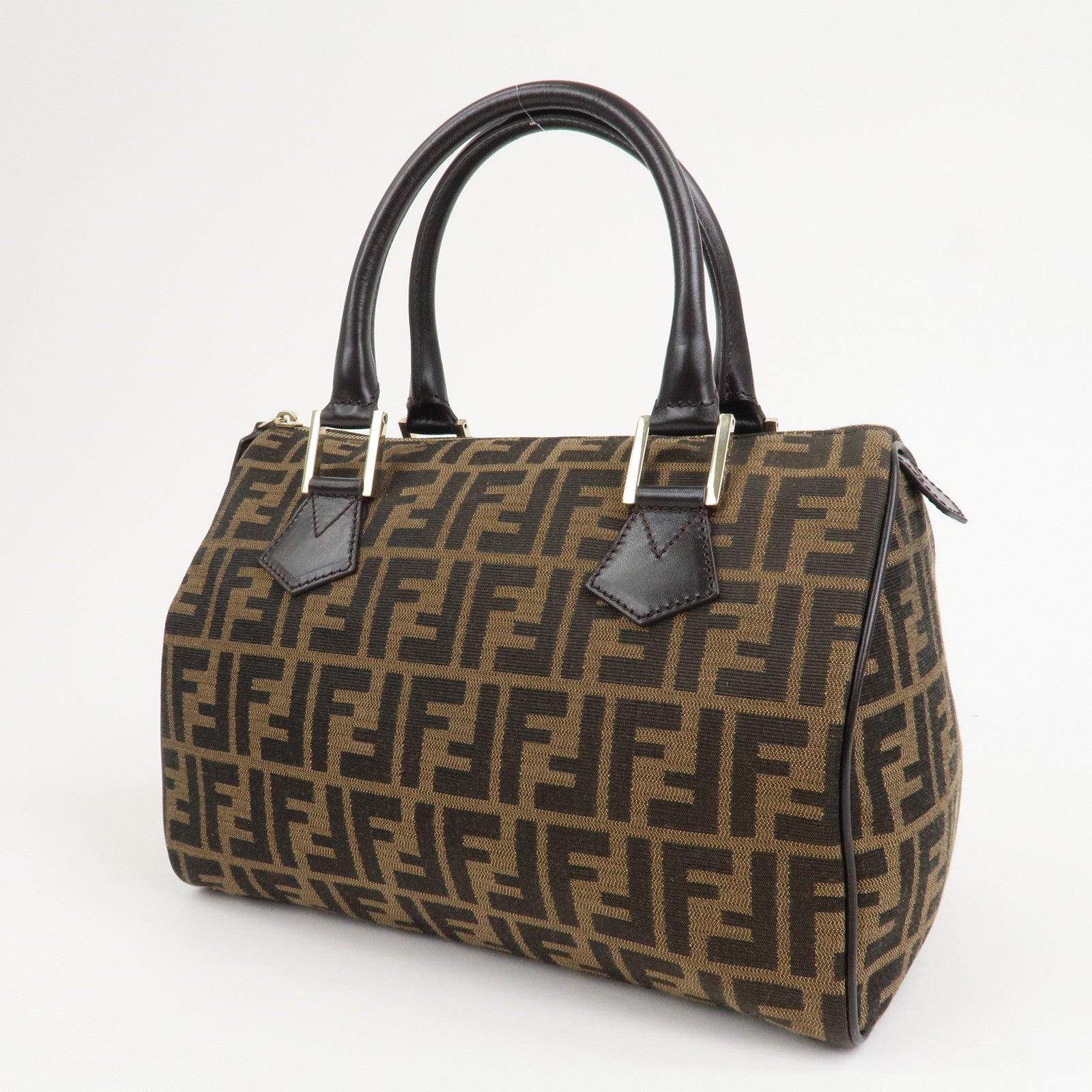 FENDI Zucca Canvas Leather Mini Boston Bag Black Brown 8BL104