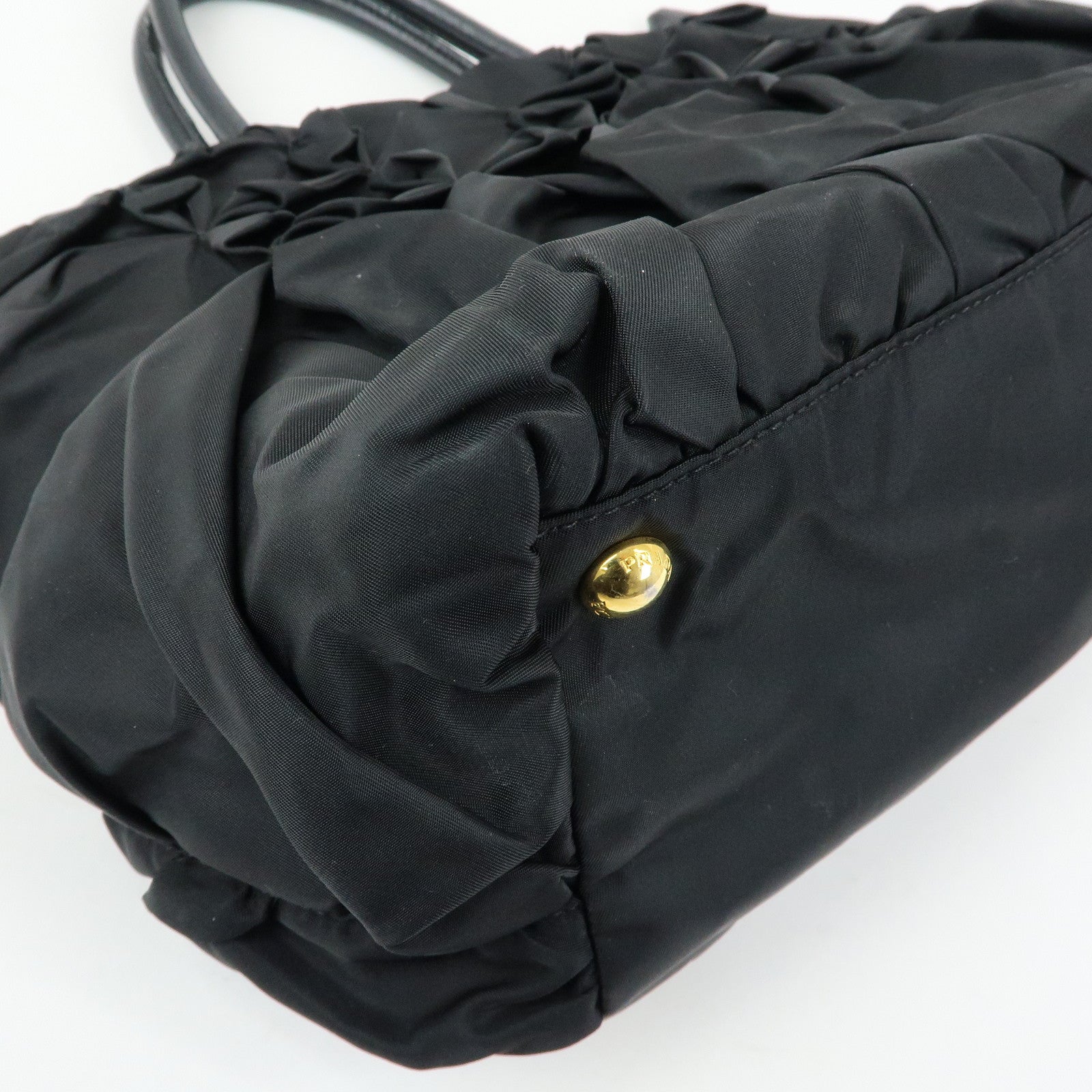 PRADA Triangle Logo Nylon Leather Hand Bag Tote Bag Black BN1701