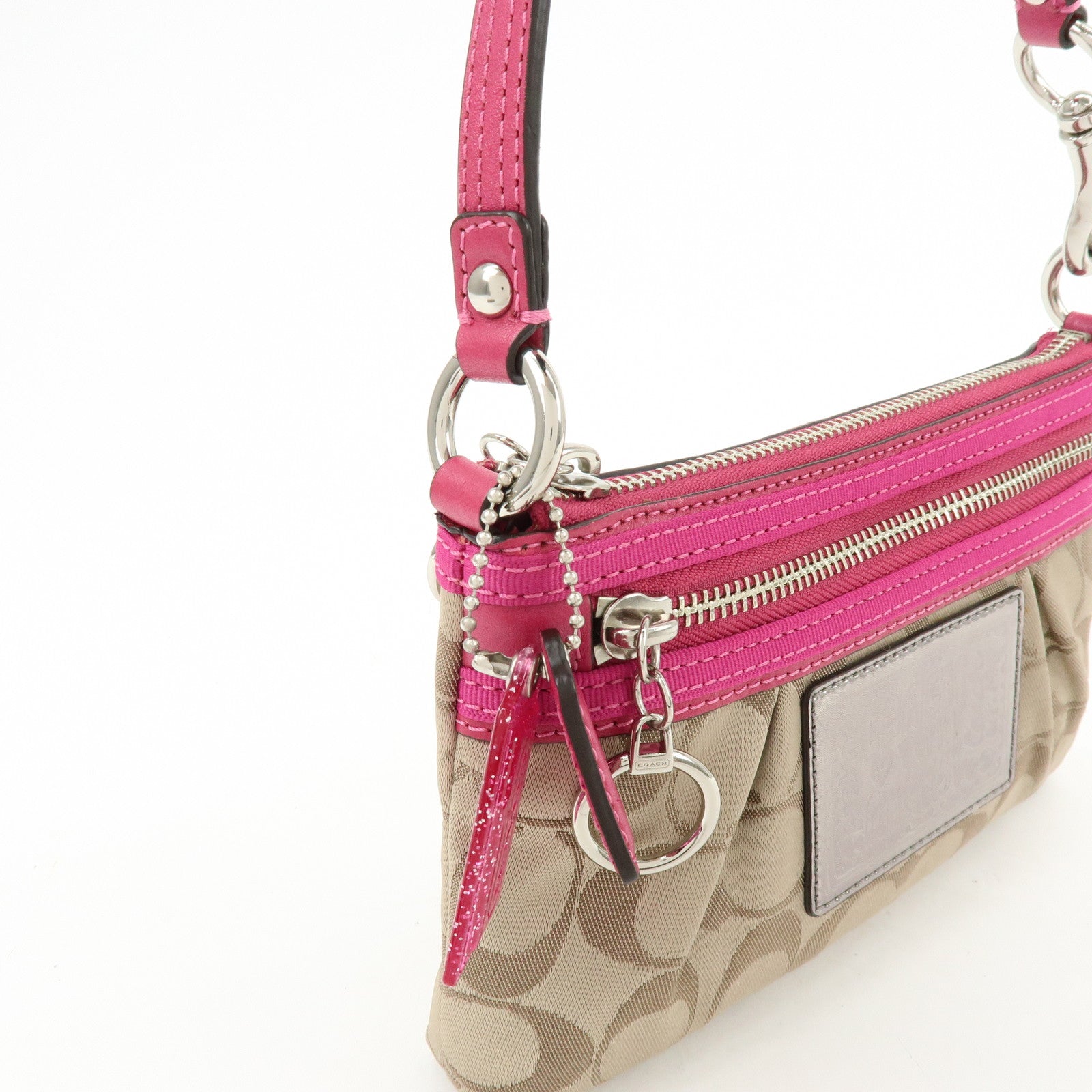 COACH Poppy Signature Nylon Leather Hand Bag Beige Pink