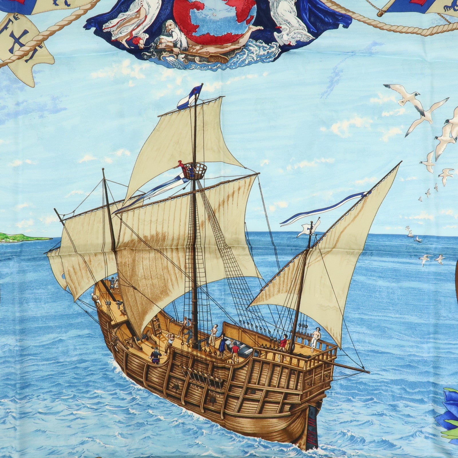 HERMES Carre 90 Silk 100% Scarf Christophe Colomb Green Blue
