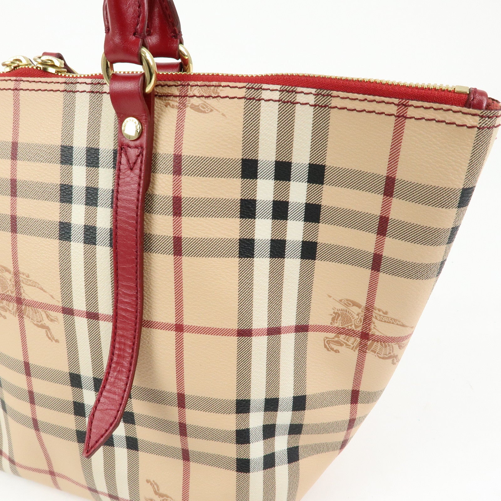 BURBERRY Nova Plaid PVC Leather Tote Bag Hand Bag Beige Red