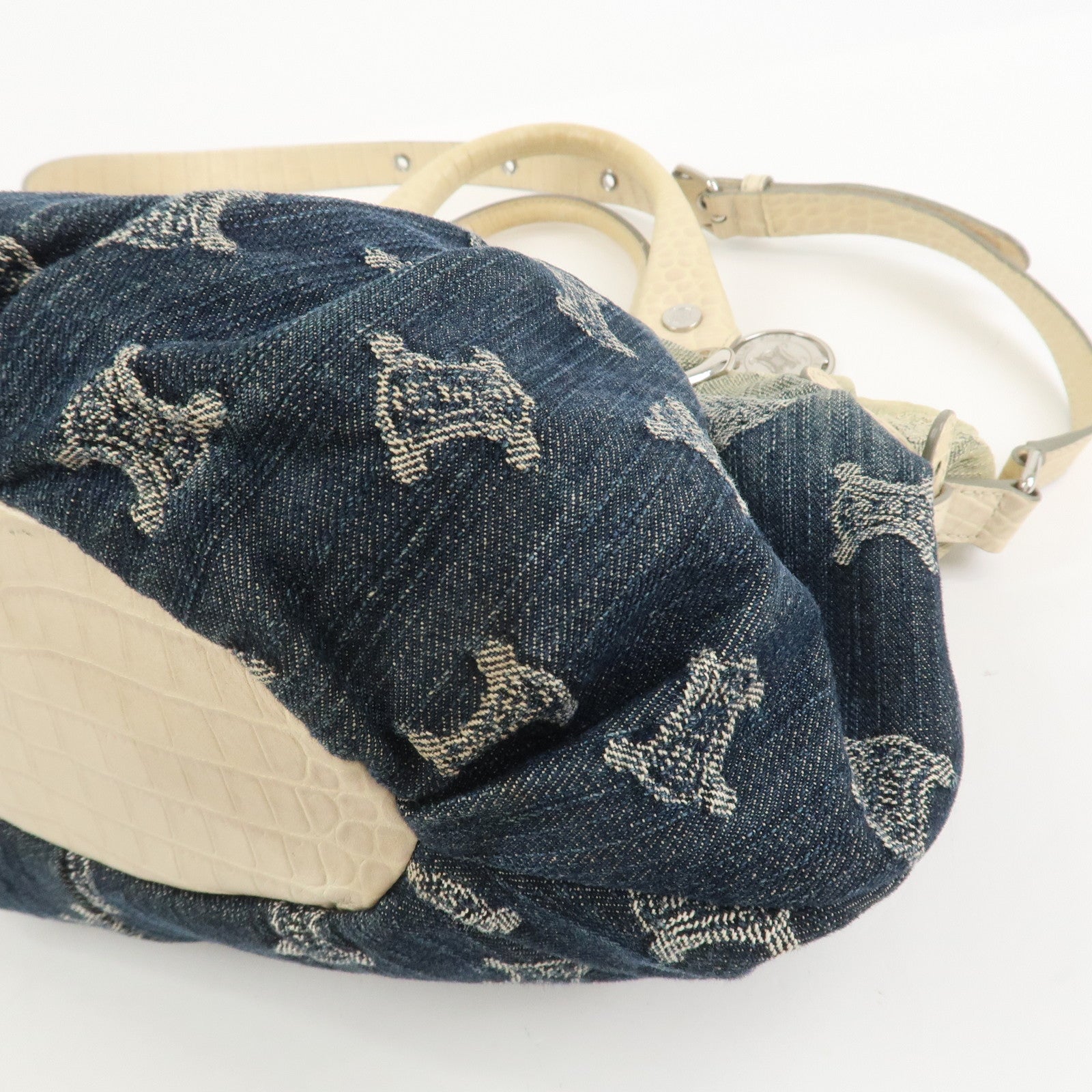 CELINE Macadam Denim Embossed Leather 2WAY Bag Hand Bag Blue Ivory