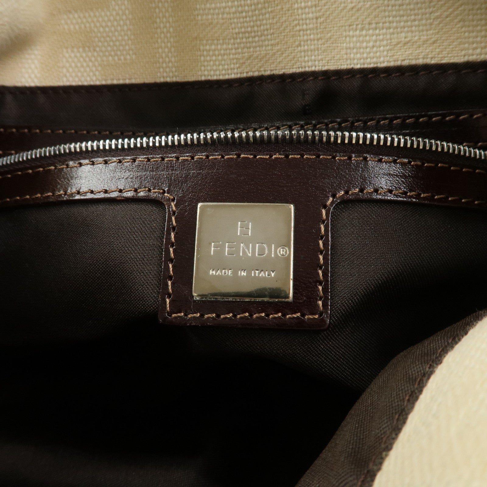 FENDI Mamma Baguette Canvas Leather Shoulder Bag Ivory 26325
