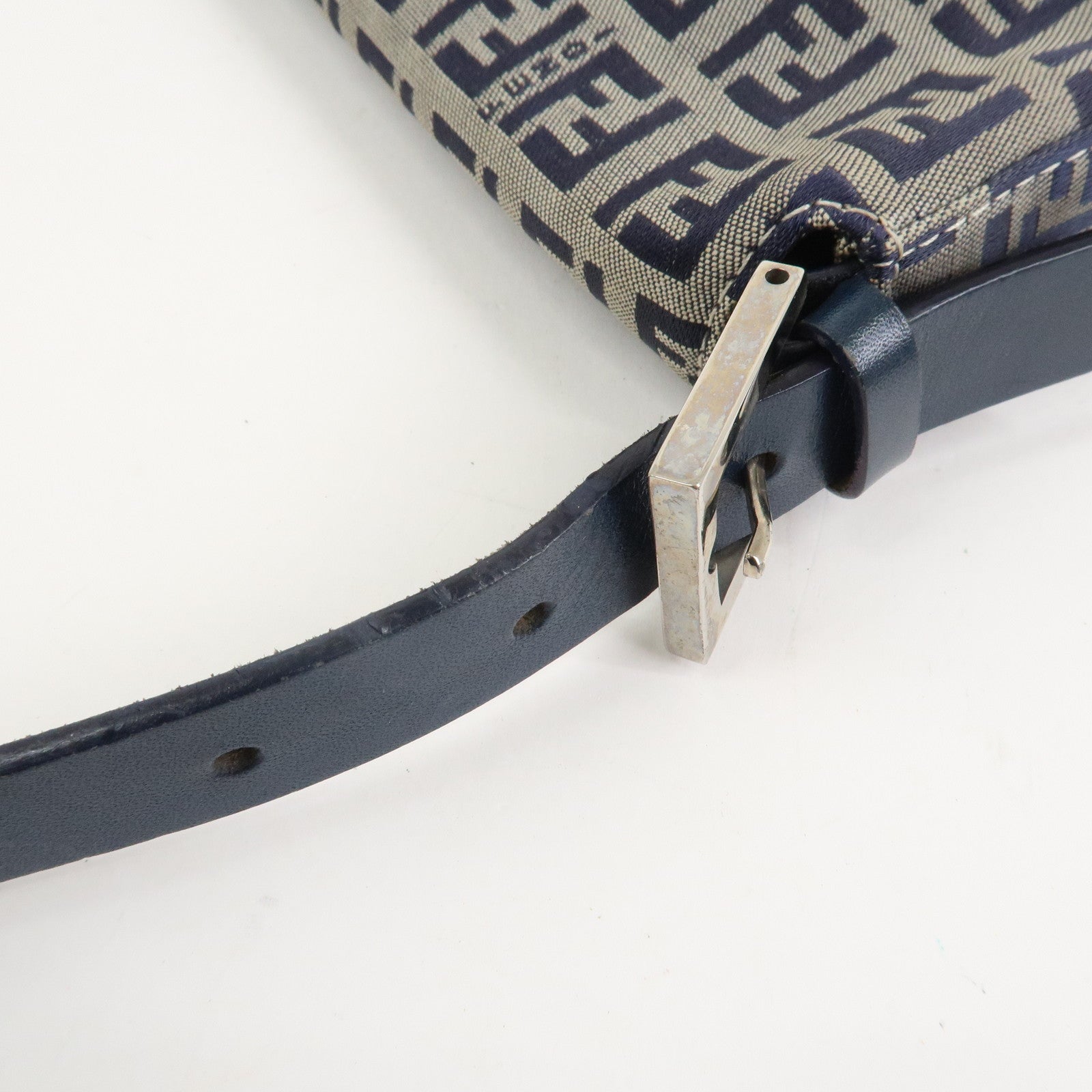 FENDI Mamma Baguette Zucchino Canvas Shoulder Bag Navy 26424