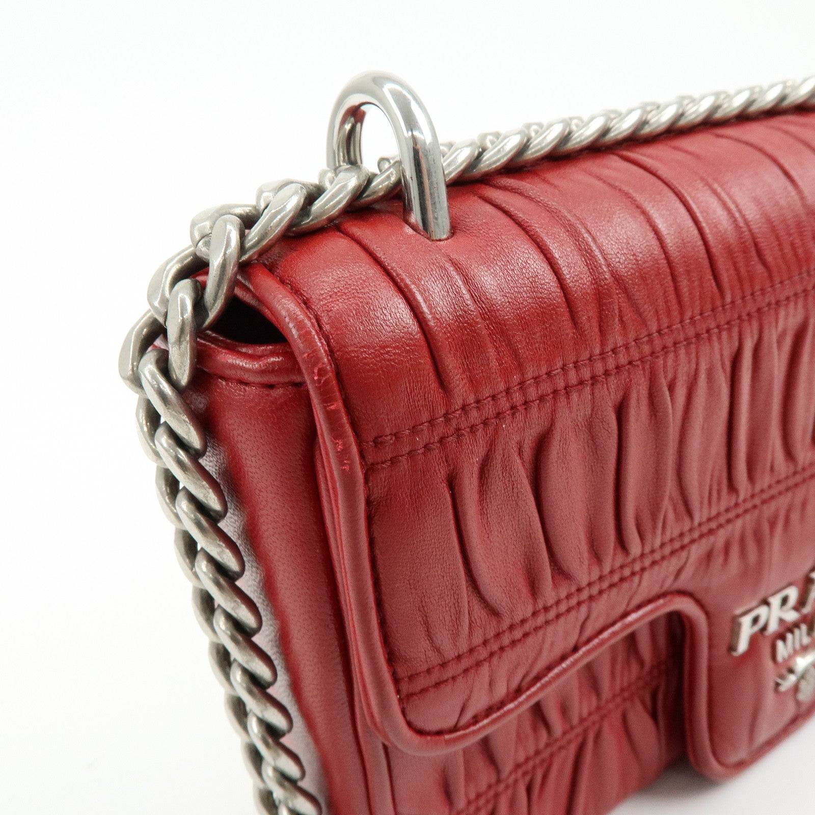 PRADA Nappa Goatskin Leather Chain Shoulder Bag Red 1BD140