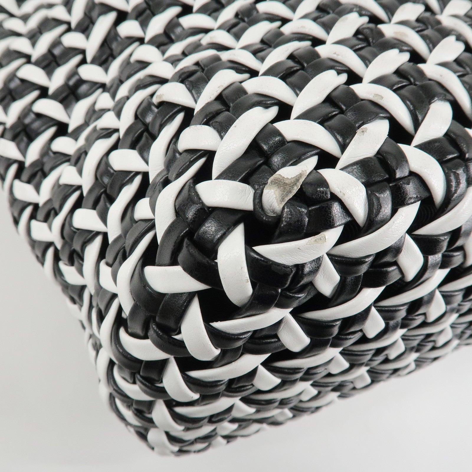 MIU MIU Leather Braid Tote Bag Shoulder Bag Black White 5BG193 Used