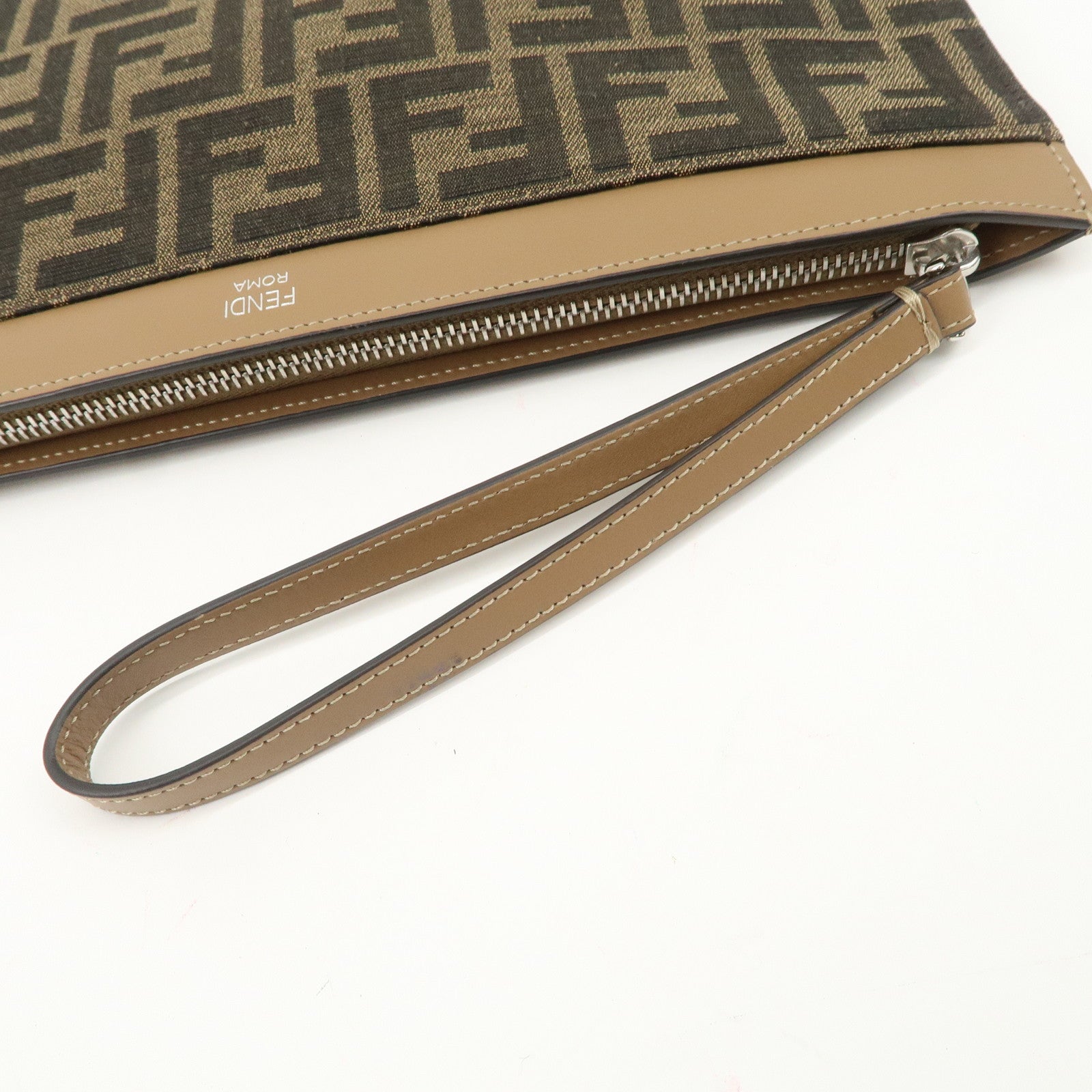 FENDI Zucca Leather Canvas Slim Clutch Bag Medium Brown 7N0134