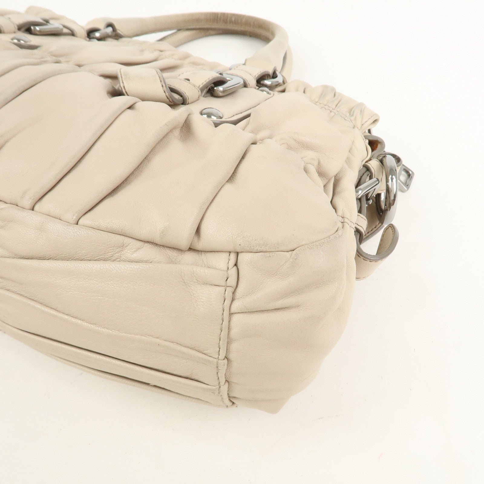 PRADA Nappa Leather Gathered 2Way Tote Shoulder Bag Beige BN1407
