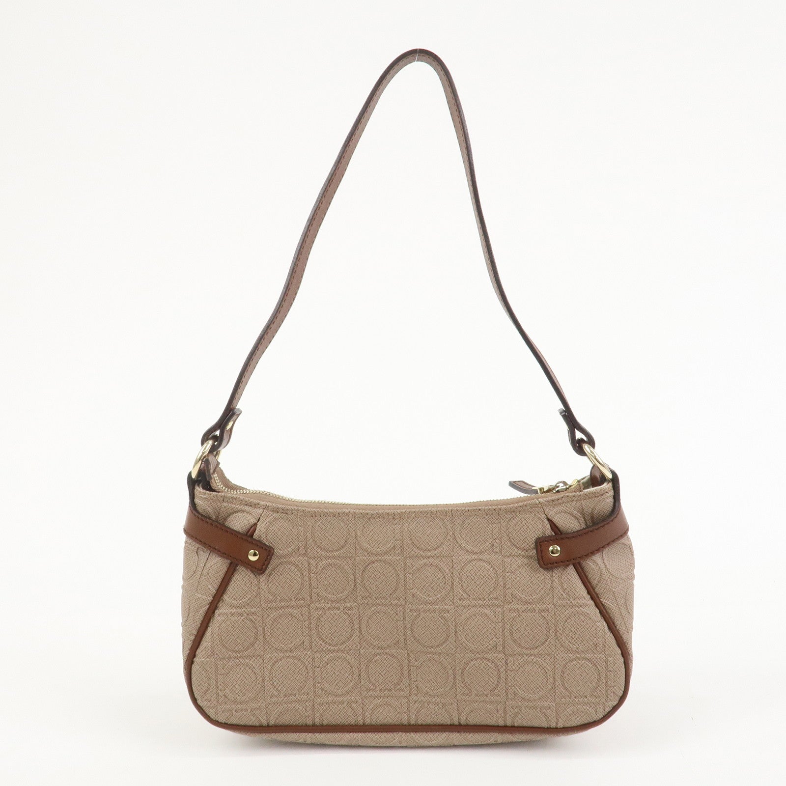 Ferragamo Gancini PVC Canvas Leather Shoulder Bag Hand Bag Brown