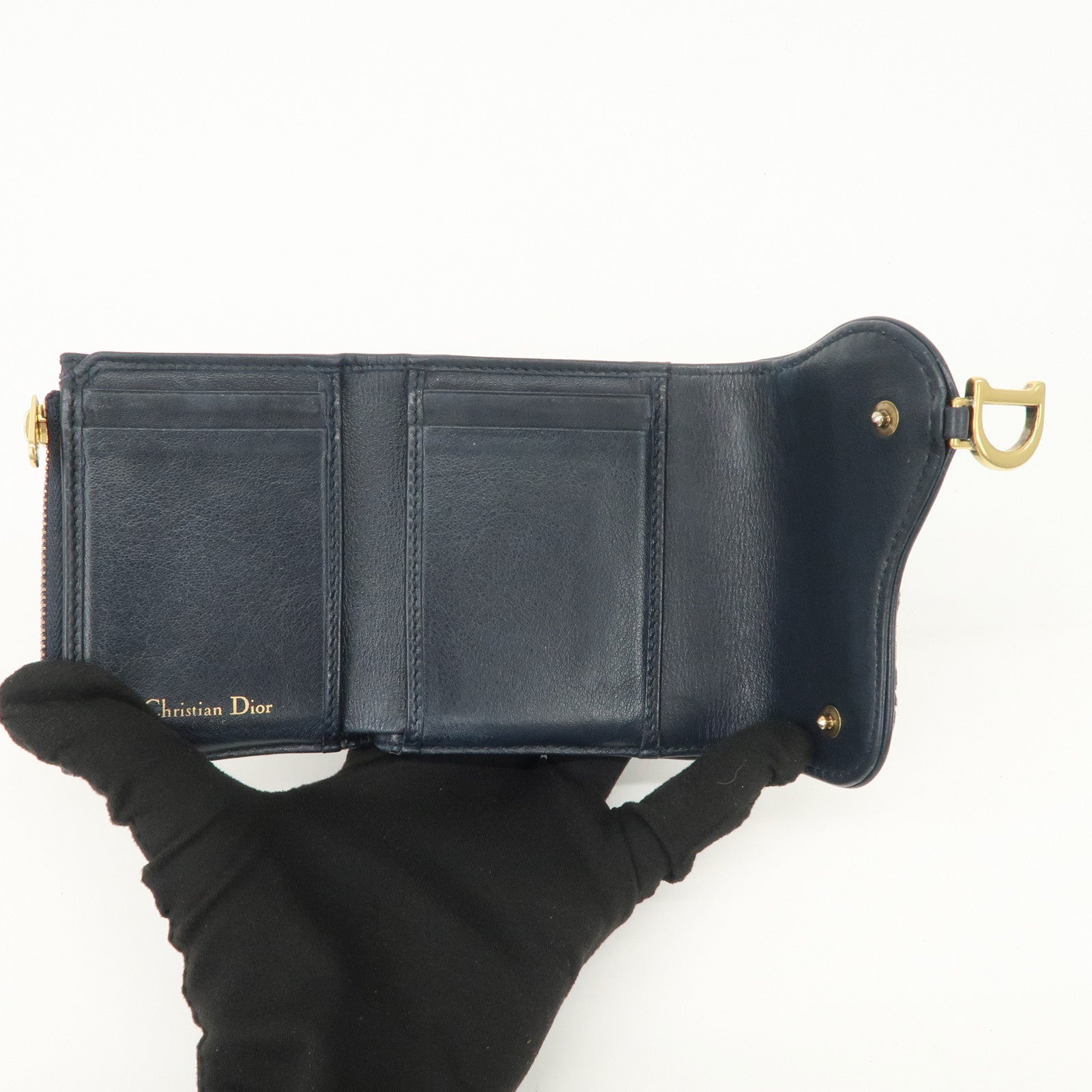 Christian Dior Trotter Canvas Leather Tri-fold Compact Wallet Navy