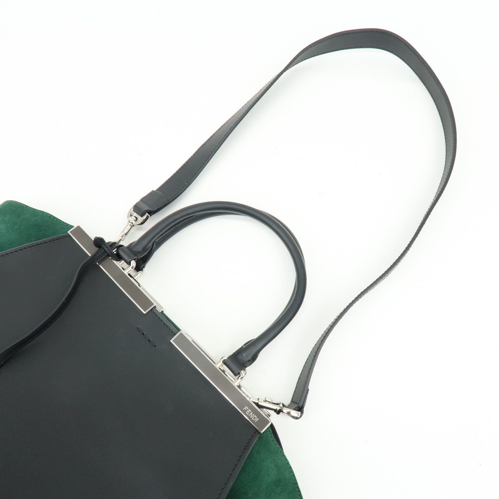 FENDI Trois Jours Leather Suede 2Way Hand Bag Black Green 8BH279