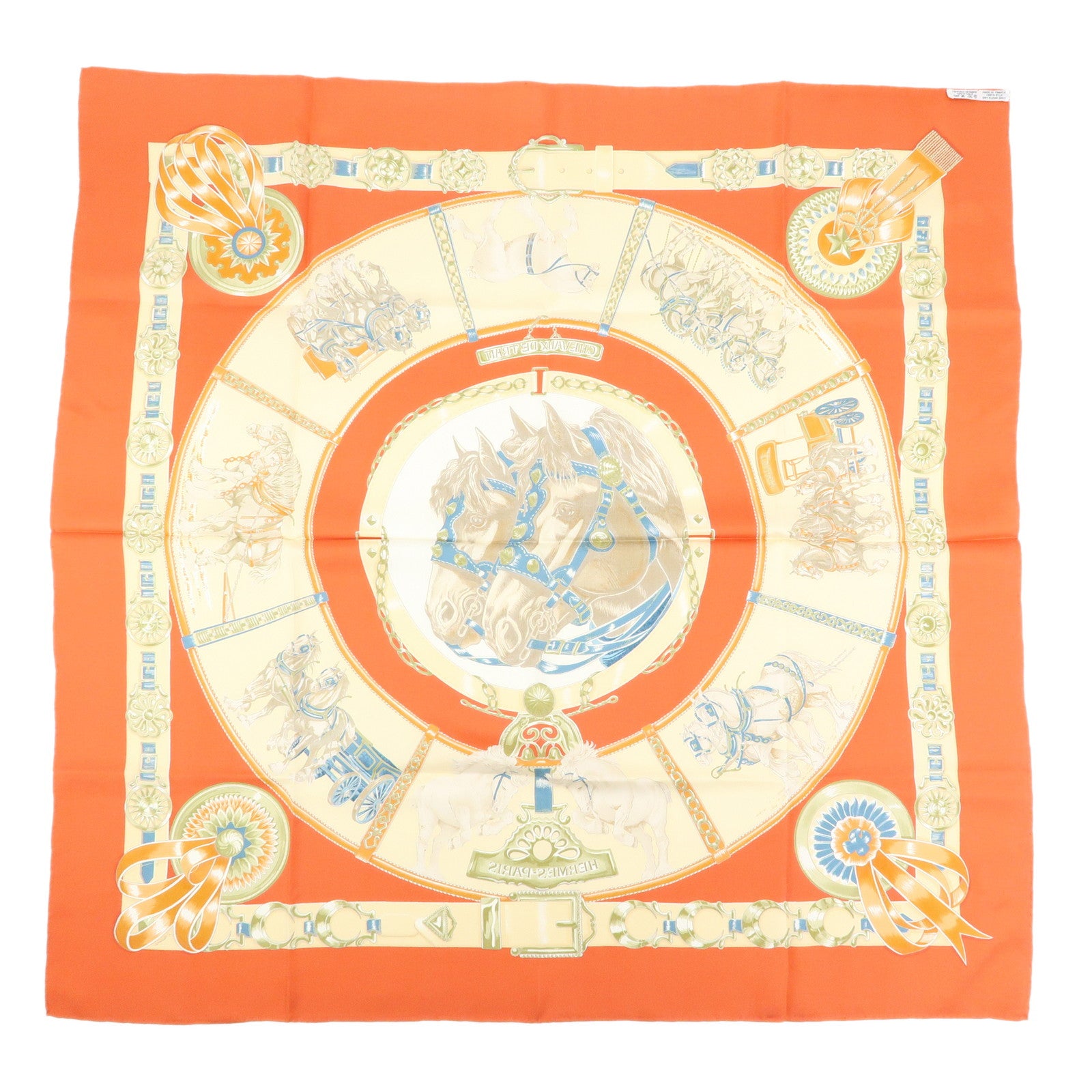 HERMES Carre 90 Silk 100% CHEVAUX DE TRAIT Scarf Orange Beige