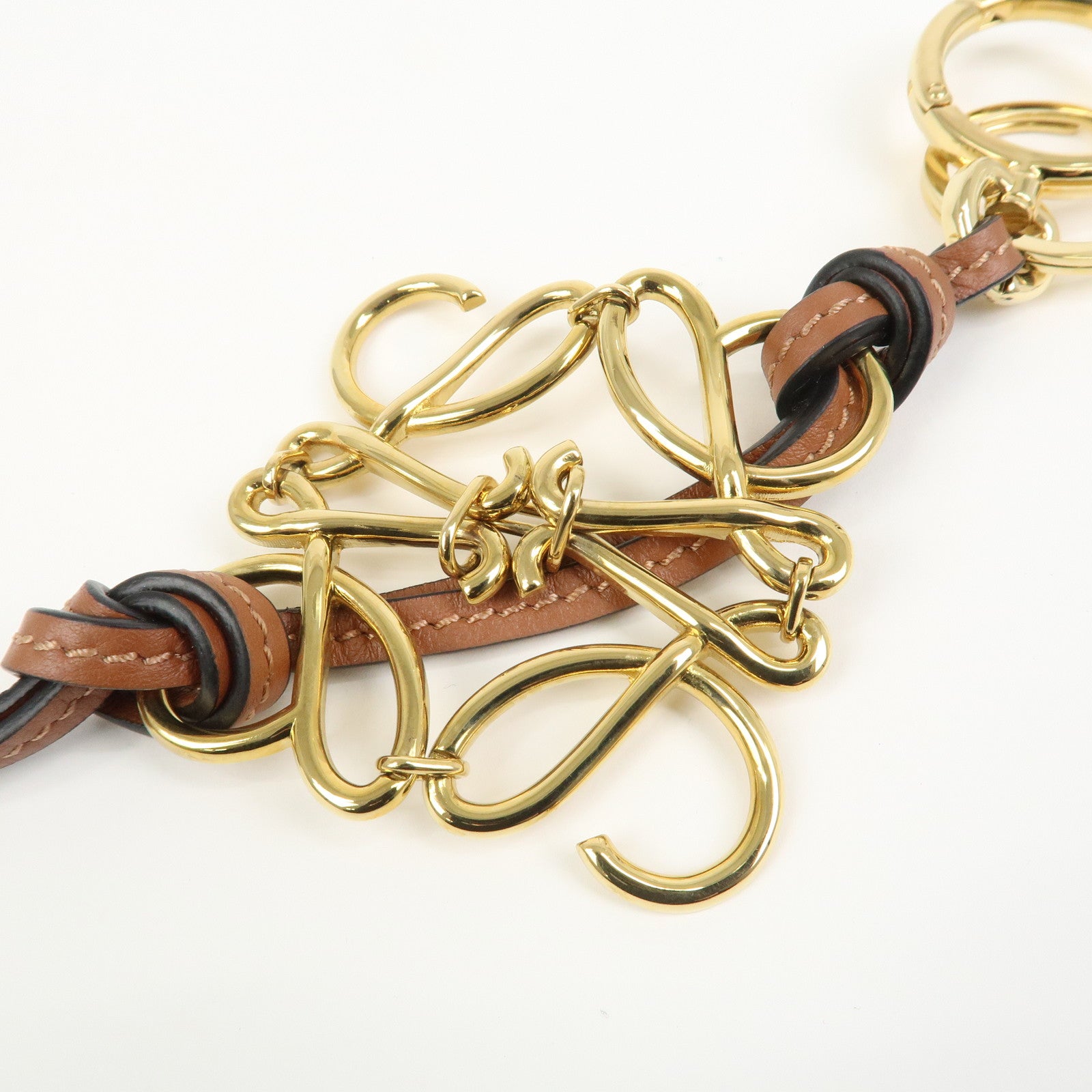 LOEWE Anagram Metal Leather Bag Charm Key Holder Camel