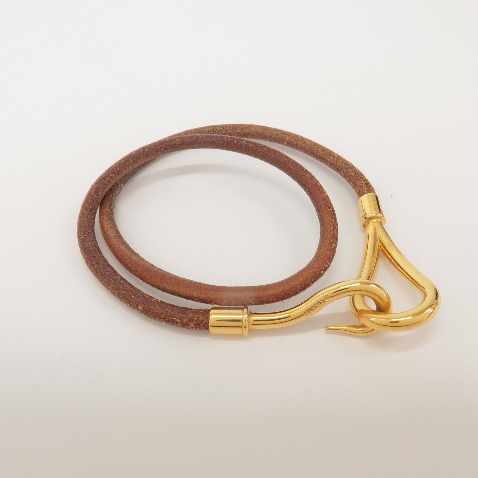 HERMES Jumbo Choker Leather Metal Bracelet Brown Gold